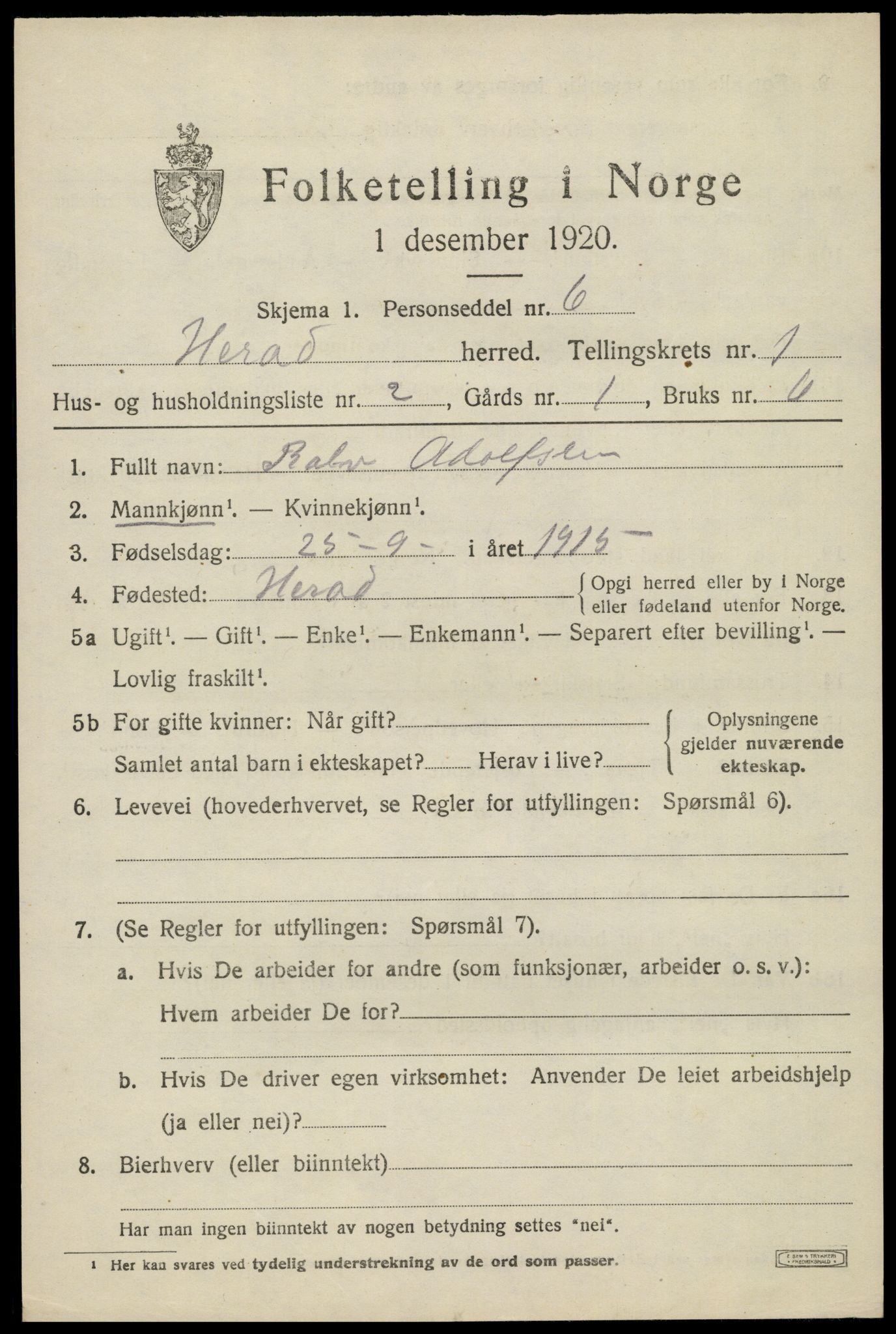 SAK, 1920 census for Herad, 1920, p. 448