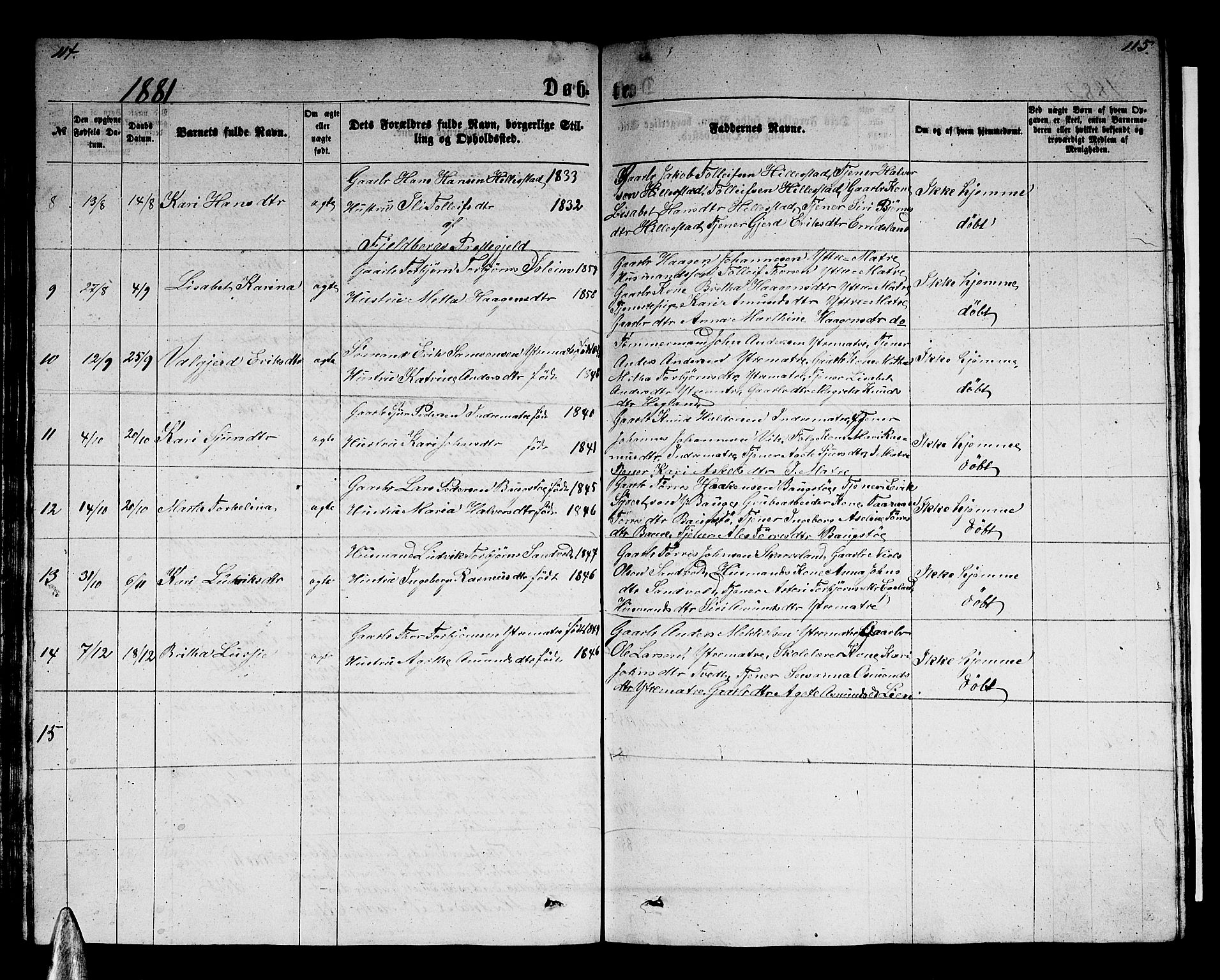 Husnes Sokneprestembete, SAB/A-75901/H/Hab: Parish register (copy) no. B 1, 1860-1883, p. 114-115