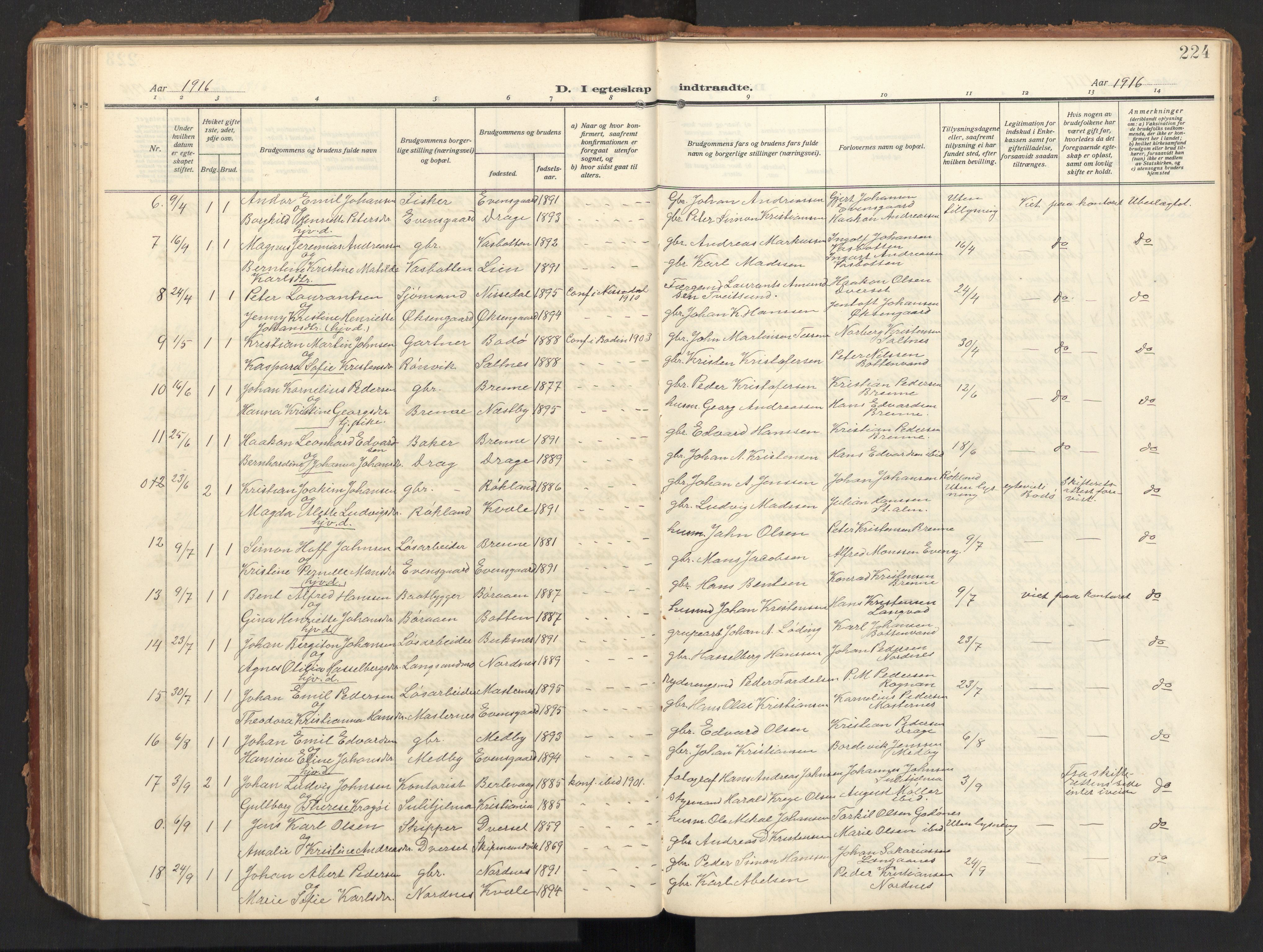 Ministerialprotokoller, klokkerbøker og fødselsregistre - Nordland, AV/SAT-A-1459/847/L0683: Parish register (copy) no. 847C11, 1908-1929, p. 224