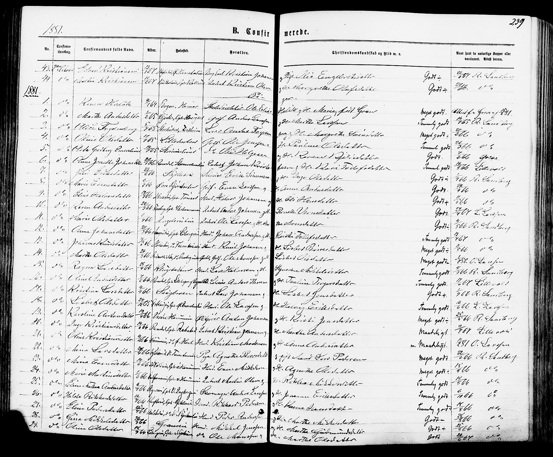 Vang prestekontor, Hedmark, SAH/PREST-008/H/Ha/Haa/L0015: Parish register (official) no. 15, 1871-1885, p. 239