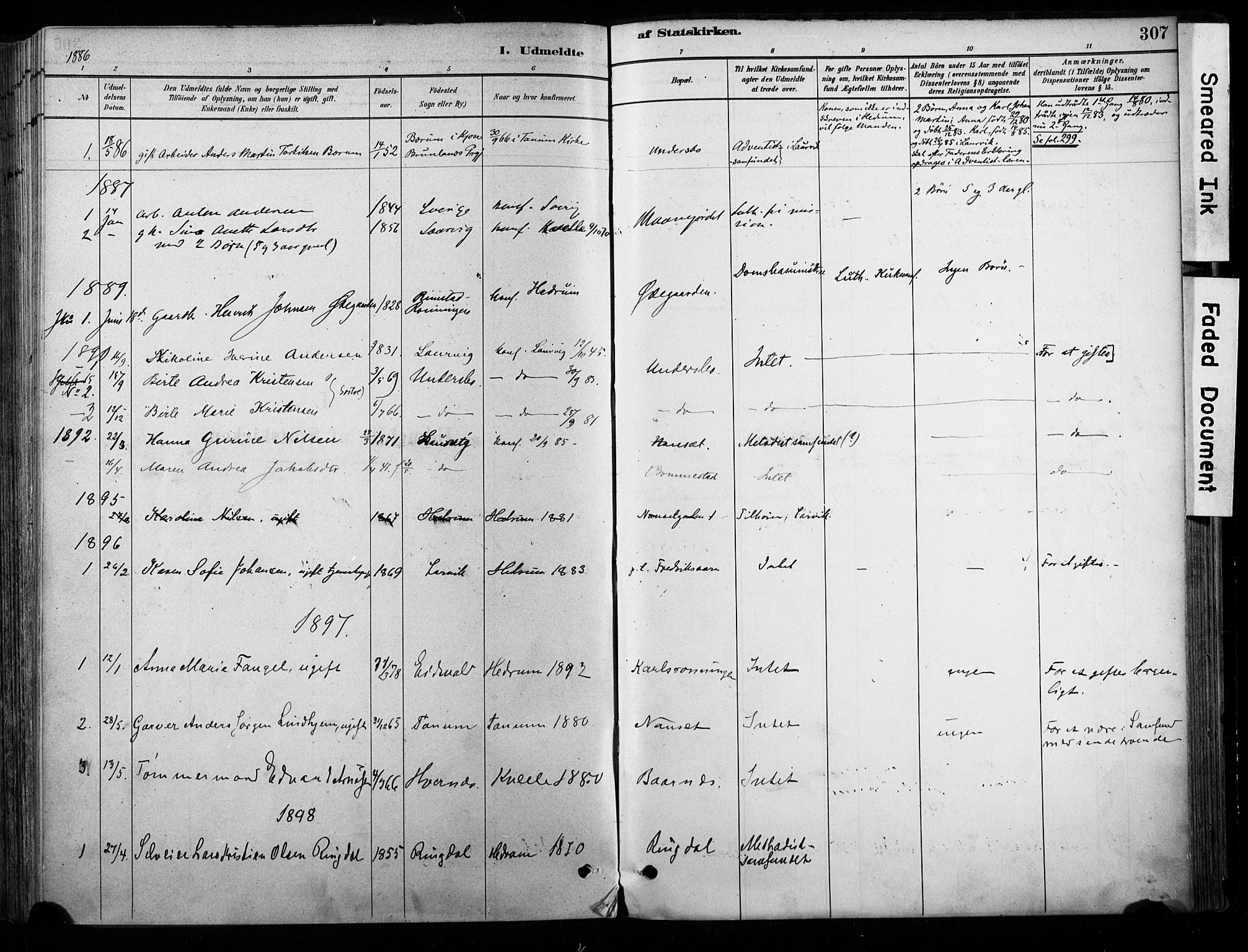 Hedrum kirkebøker, AV/SAKO-A-344/F/Fa/L0009: Parish register (official) no. I 9, 1881-1903, p. 307