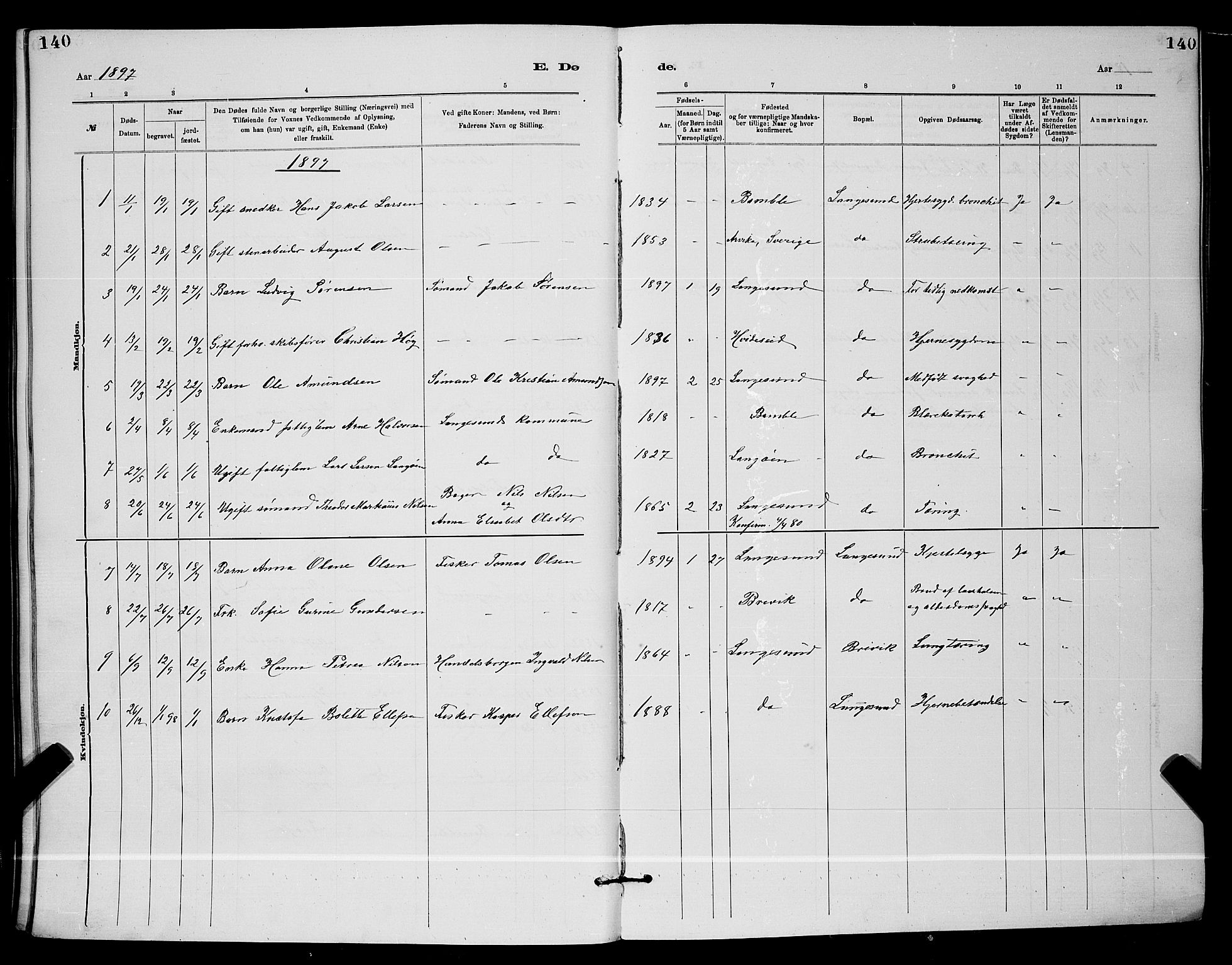Langesund kirkebøker, AV/SAKO-A-280/G/Ga/L0005: Parish register (copy) no. 5, 1884-1898, p. 140