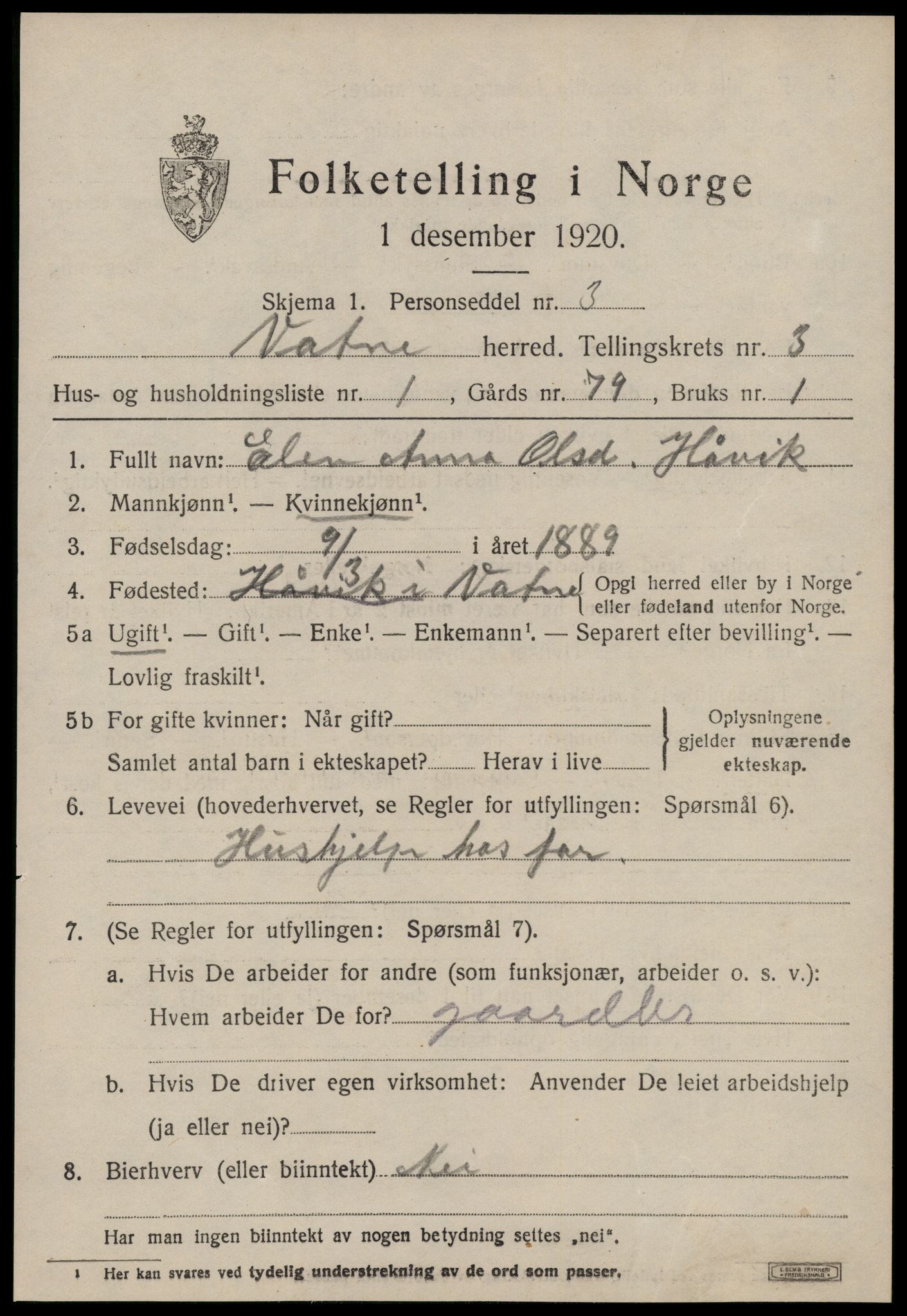 SAT, 1920 census for Vatne, 1920, p. 1402