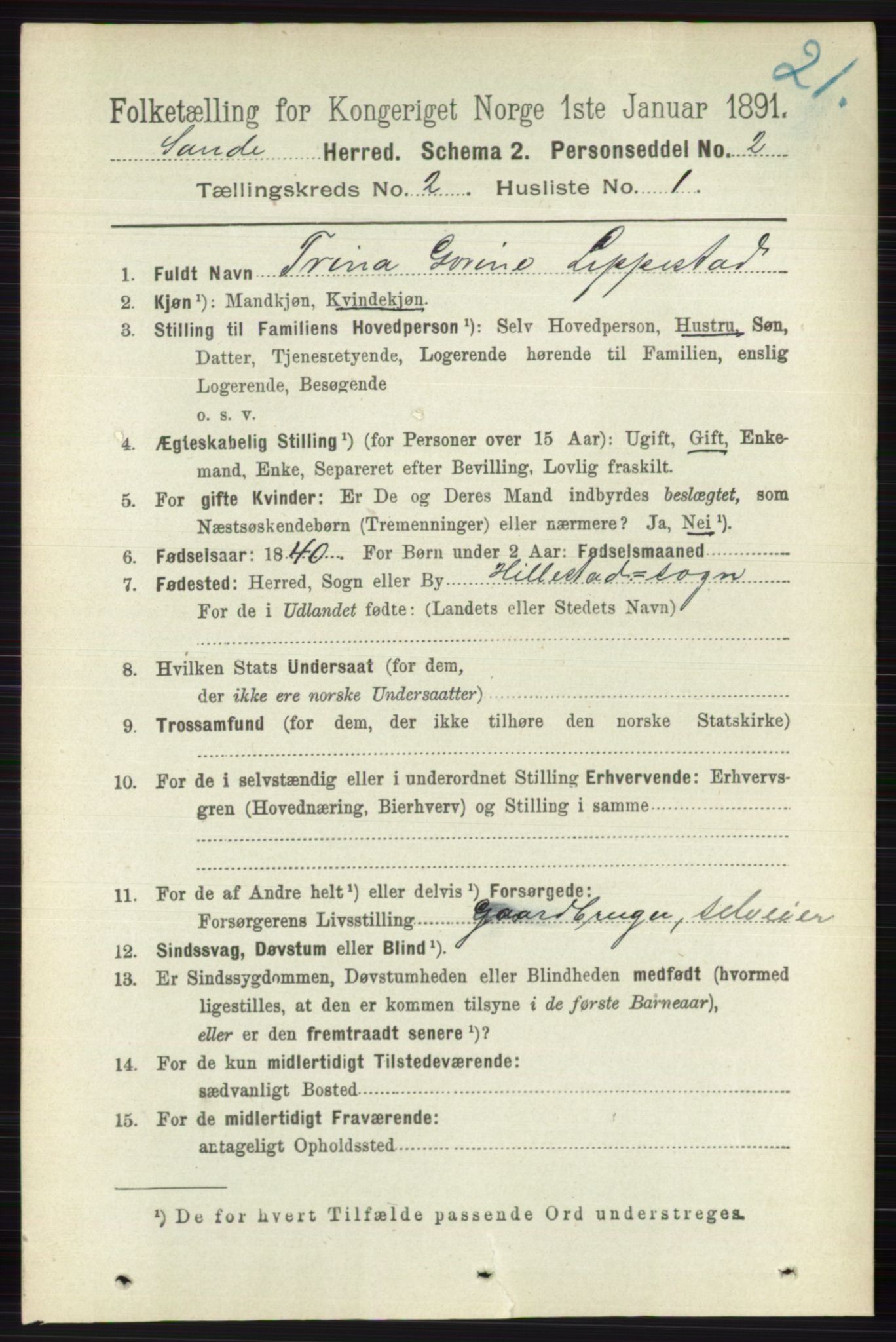 RA, 1891 census for 0713 Sande, 1891, p. 517