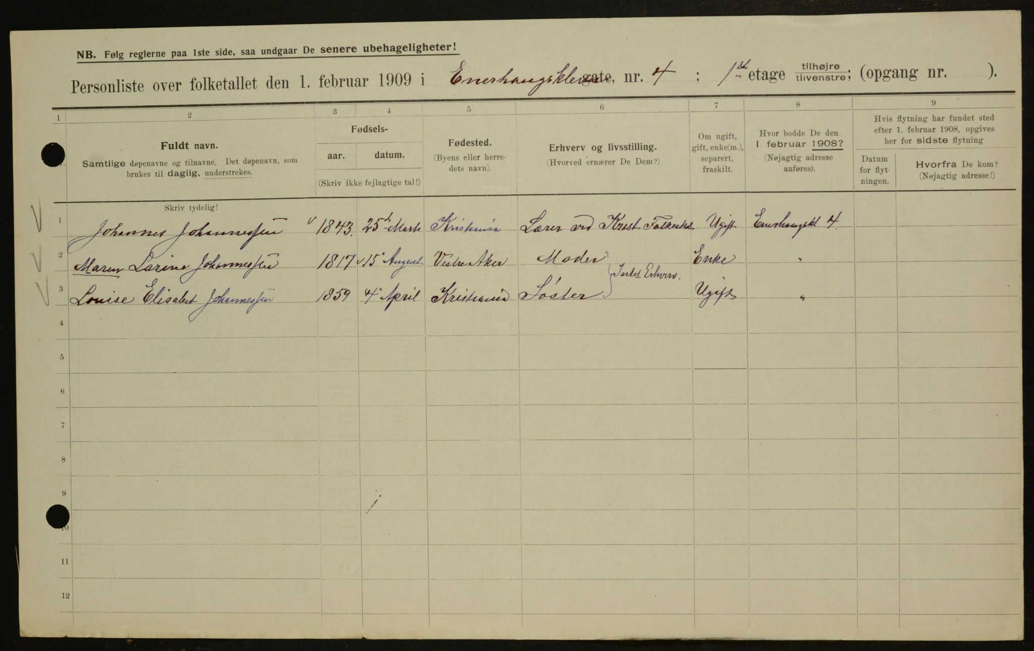 OBA, Municipal Census 1909 for Kristiania, 1909, p. 19598