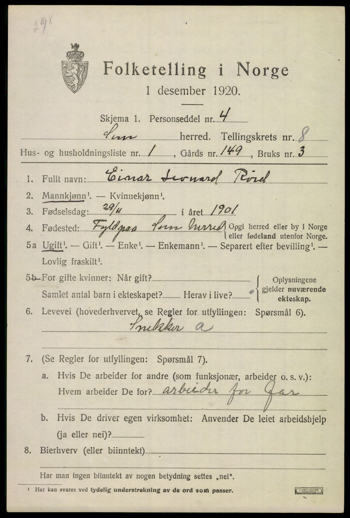 SAKO, 1920 census for Sem, 1920, p. 11197