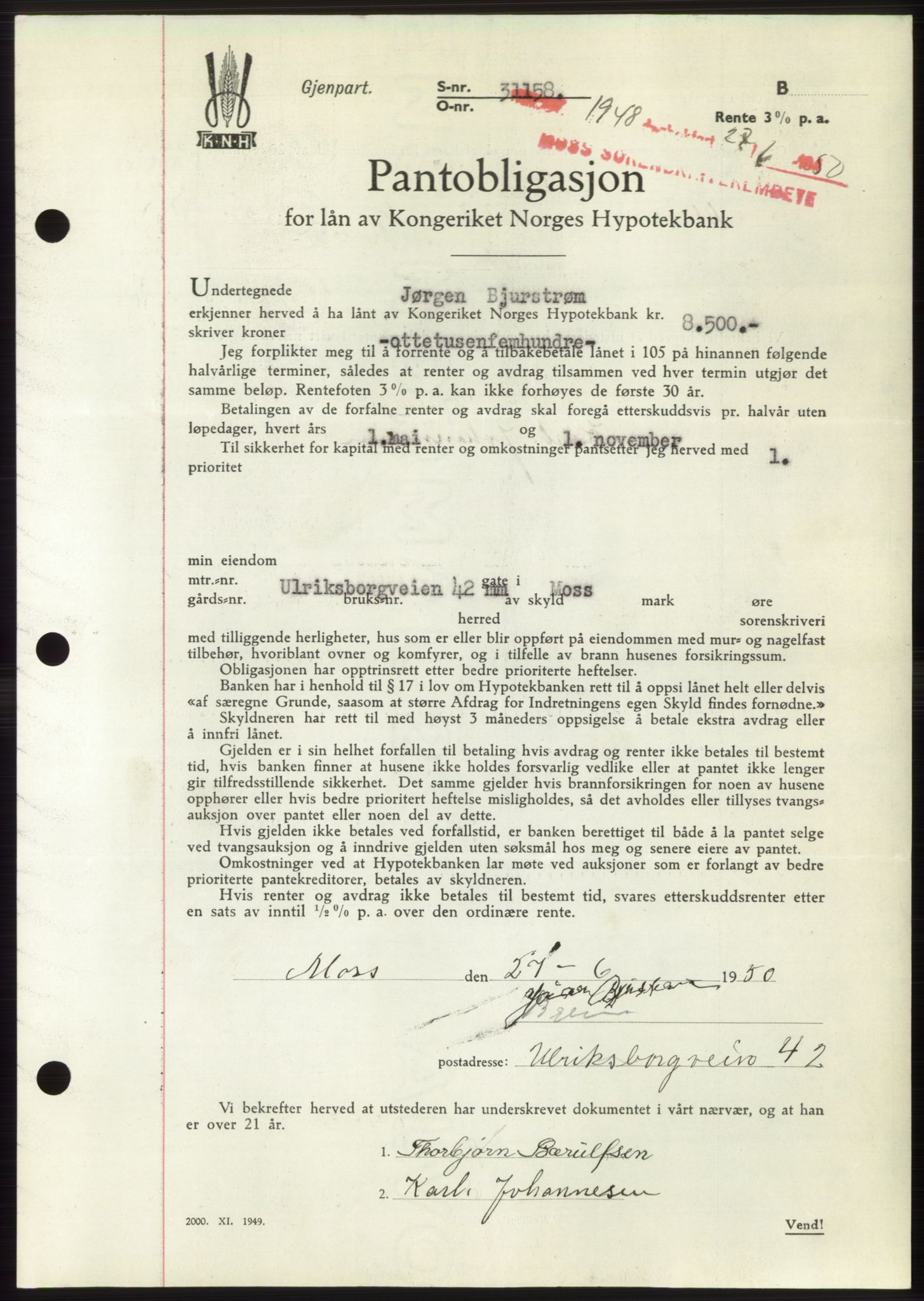 Moss sorenskriveri, AV/SAO-A-10168: Mortgage book no. B24, 1950-1950, Diary no: : 1948/1950