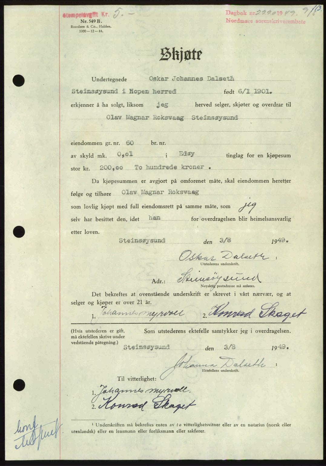 Nordmøre sorenskriveri, AV/SAT-A-4132/1/2/2Ca: Mortgage book no. A112, 1949-1949, Diary no: : 2220/1949