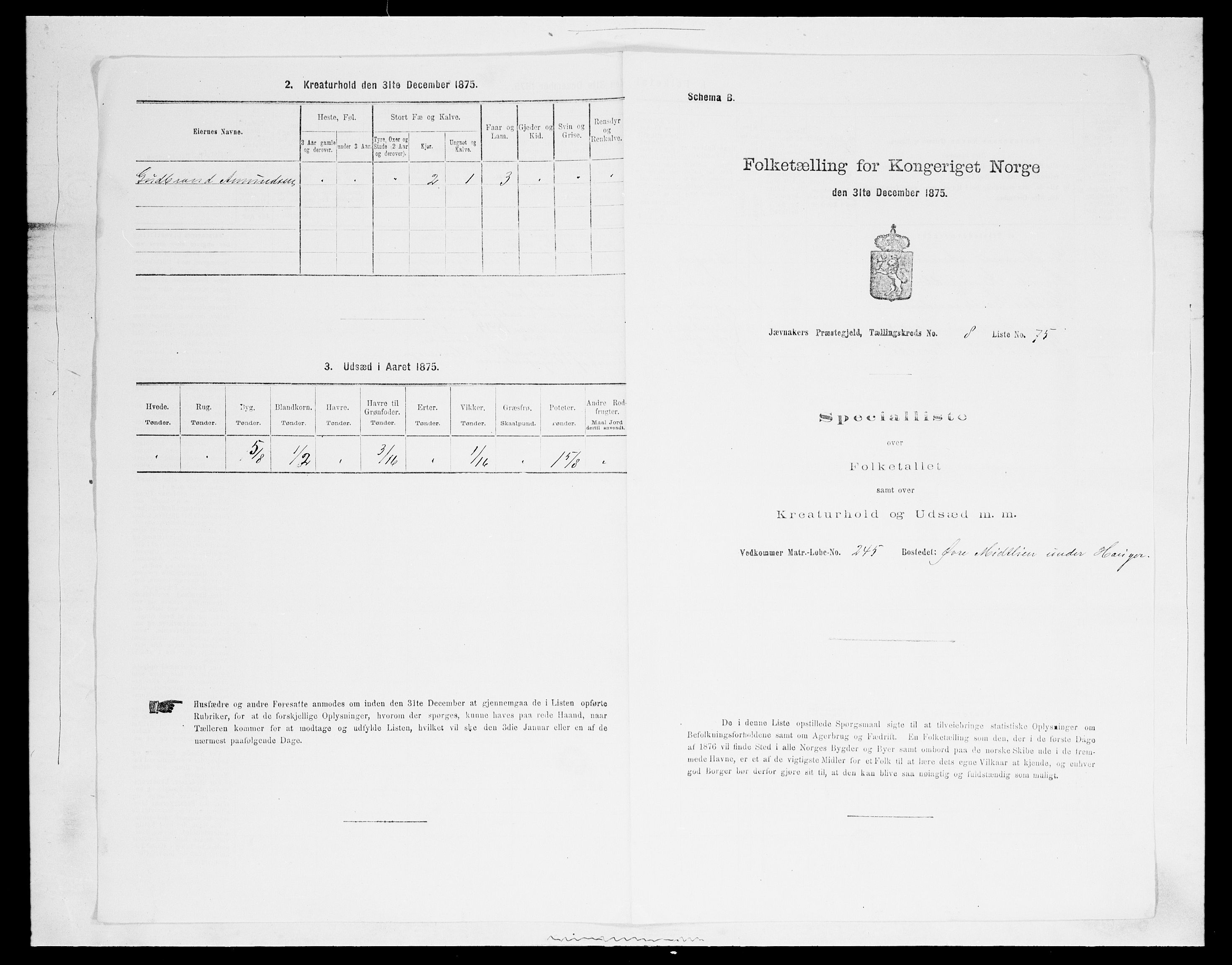 SAH, 1875 census for 0532P Jevnaker, 1875, p. 1487