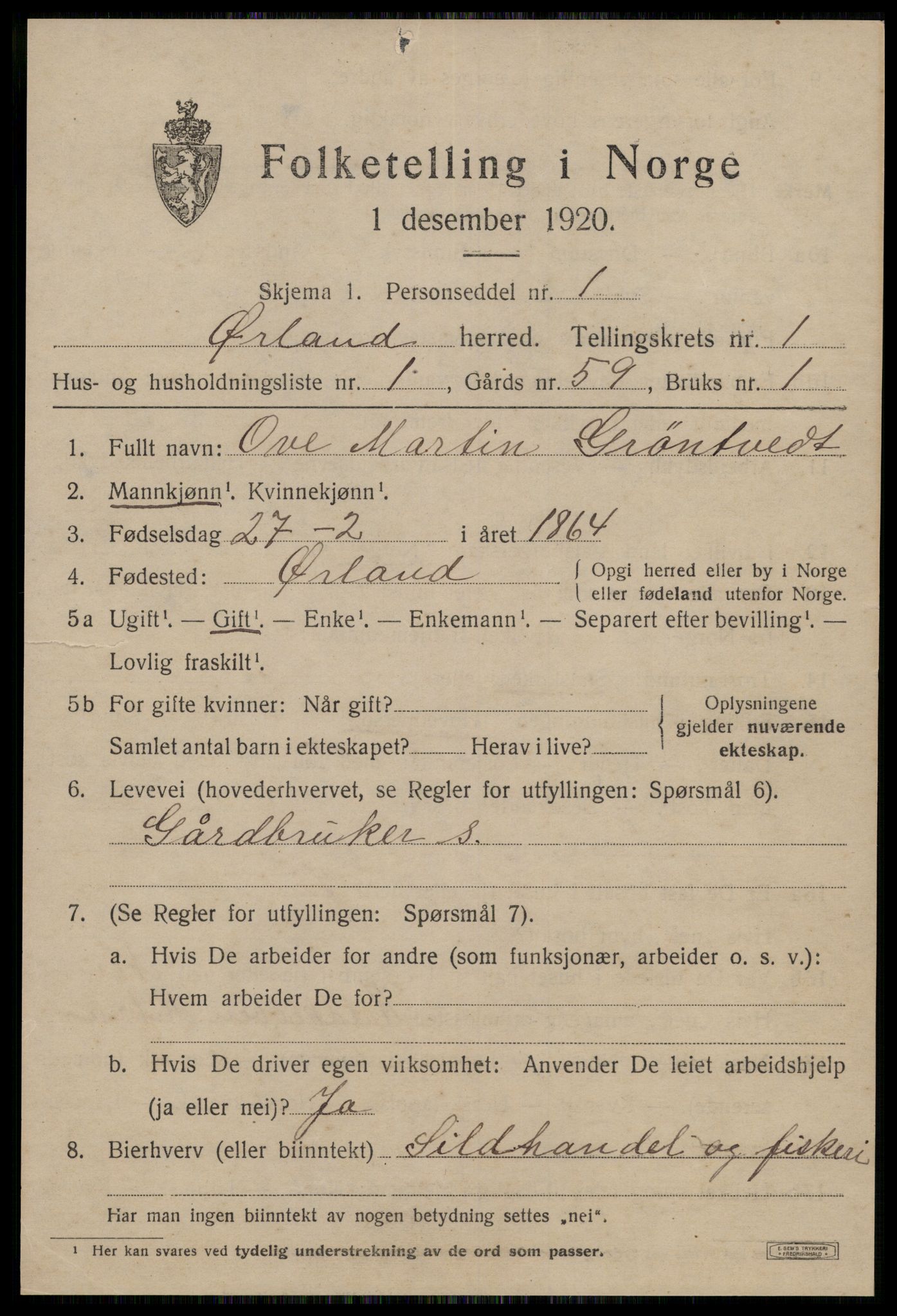 SAT, 1920 census for Ørland, 1920, p. 1343