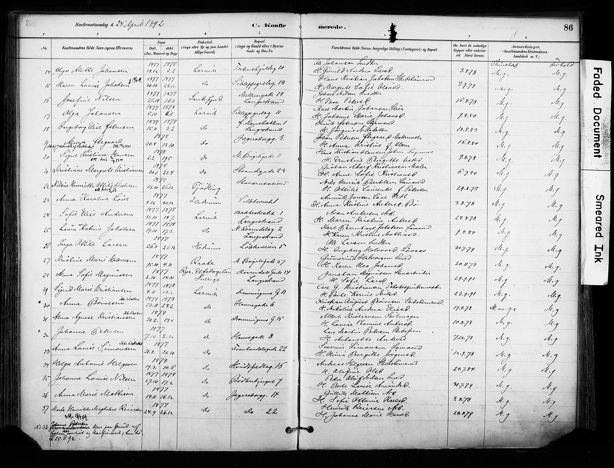 Larvik kirkebøker, AV/SAKO-A-352/F/Fa/L0008: Parish register (official) no. I 8, 1884-1902, p. 86