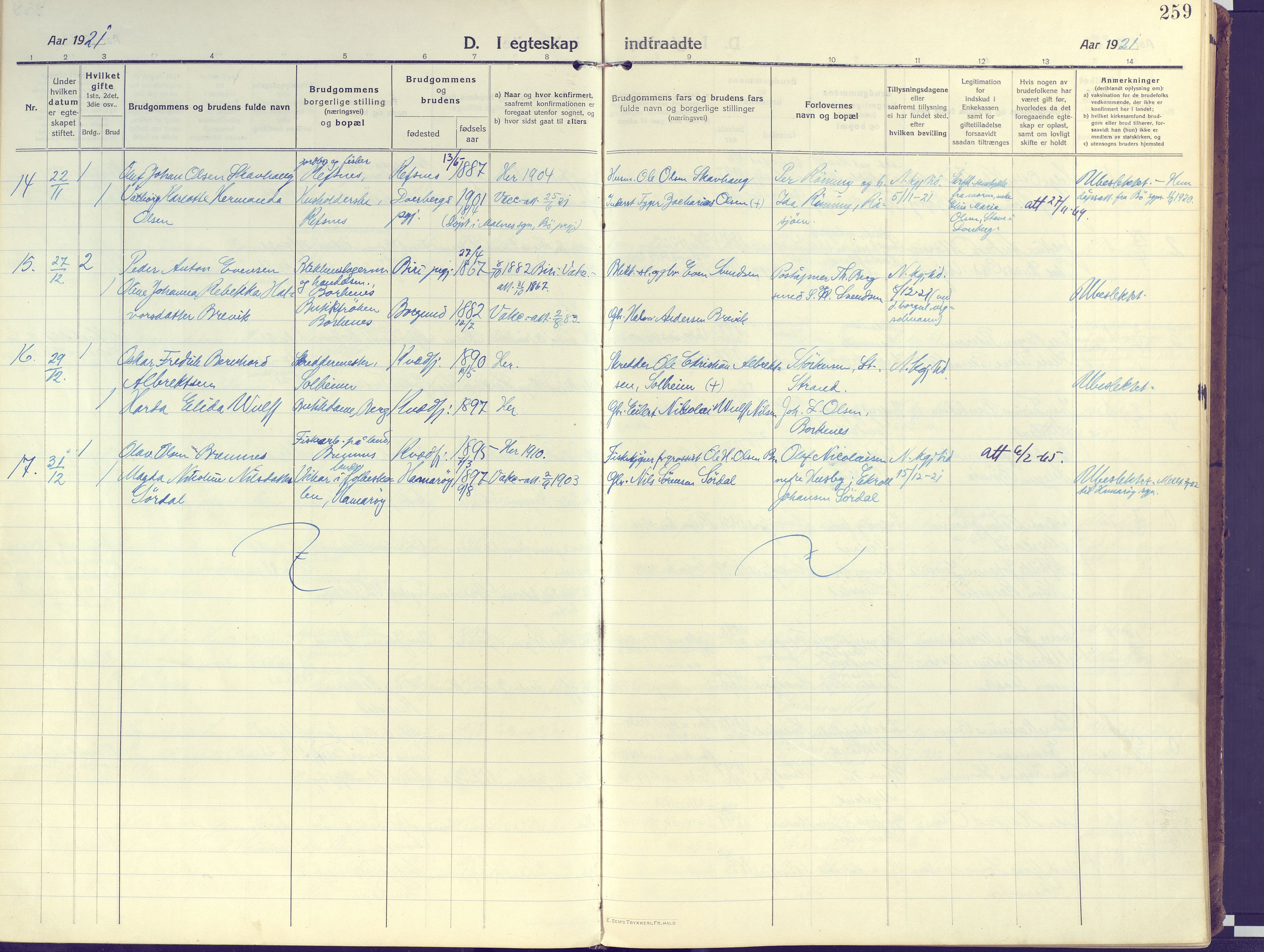 Kvæfjord sokneprestkontor, AV/SATØ-S-1323/G/Ga/Gaa/L0007kirke: Parish register (official) no. 7, 1915-1931, p. 259