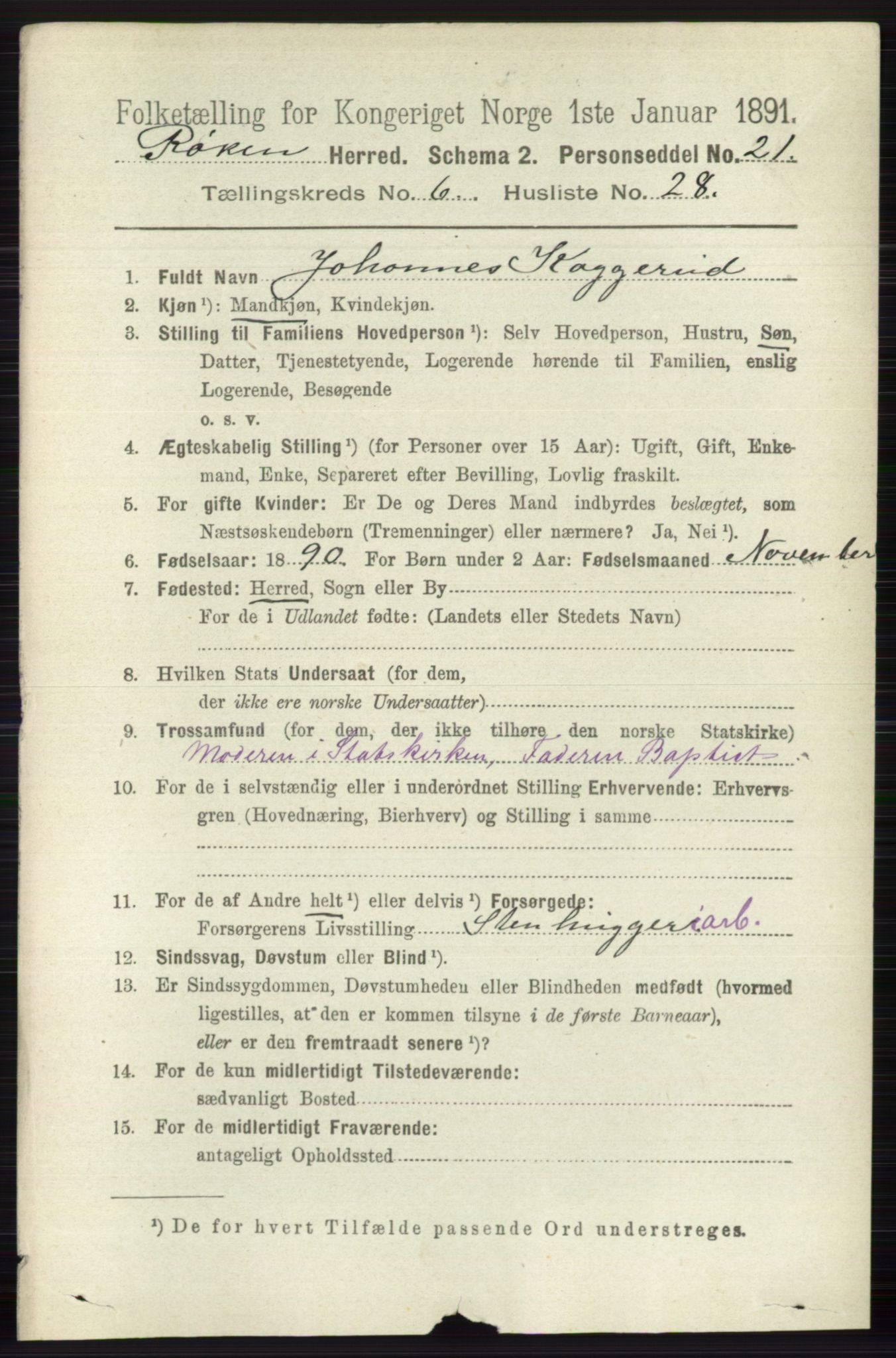RA, 1891 census for 0627 Røyken, 1891, p. 3797