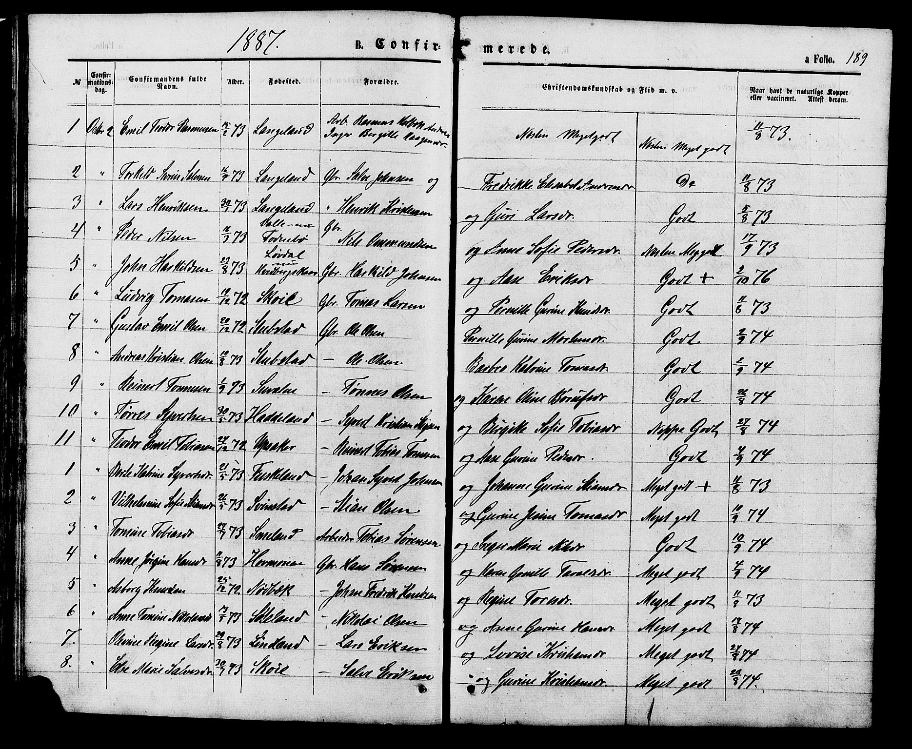 Holum sokneprestkontor, SAK/1111-0022/F/Fb/Fba/L0004: Parish register (copy) no. B 4, 1867-1890, p. 189