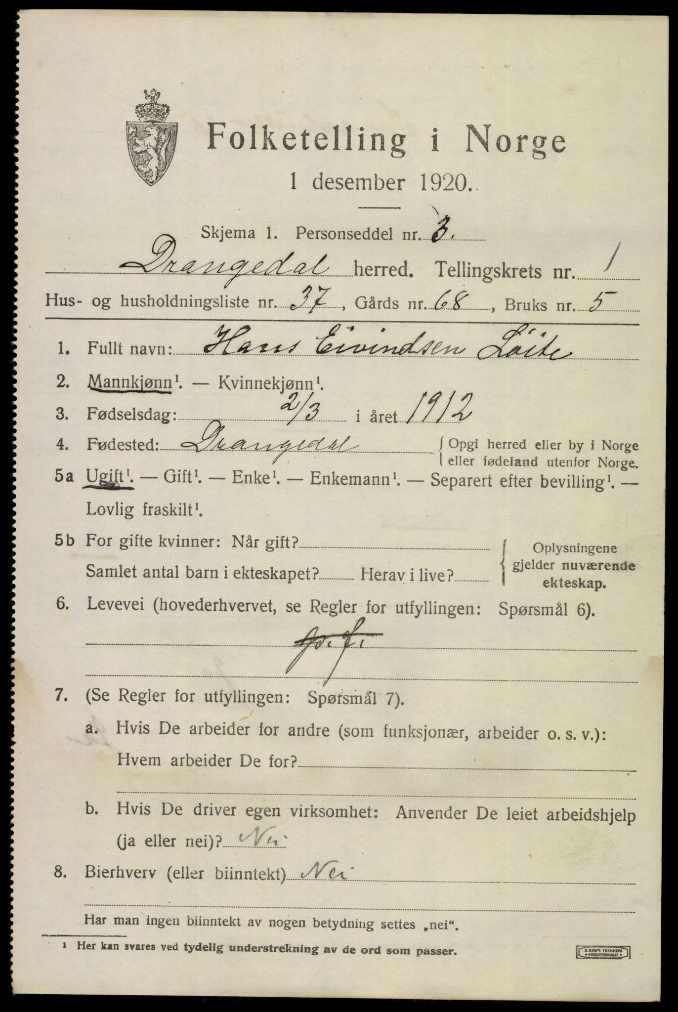 SAKO, 1920 census for Drangedal, 1920, p. 2063