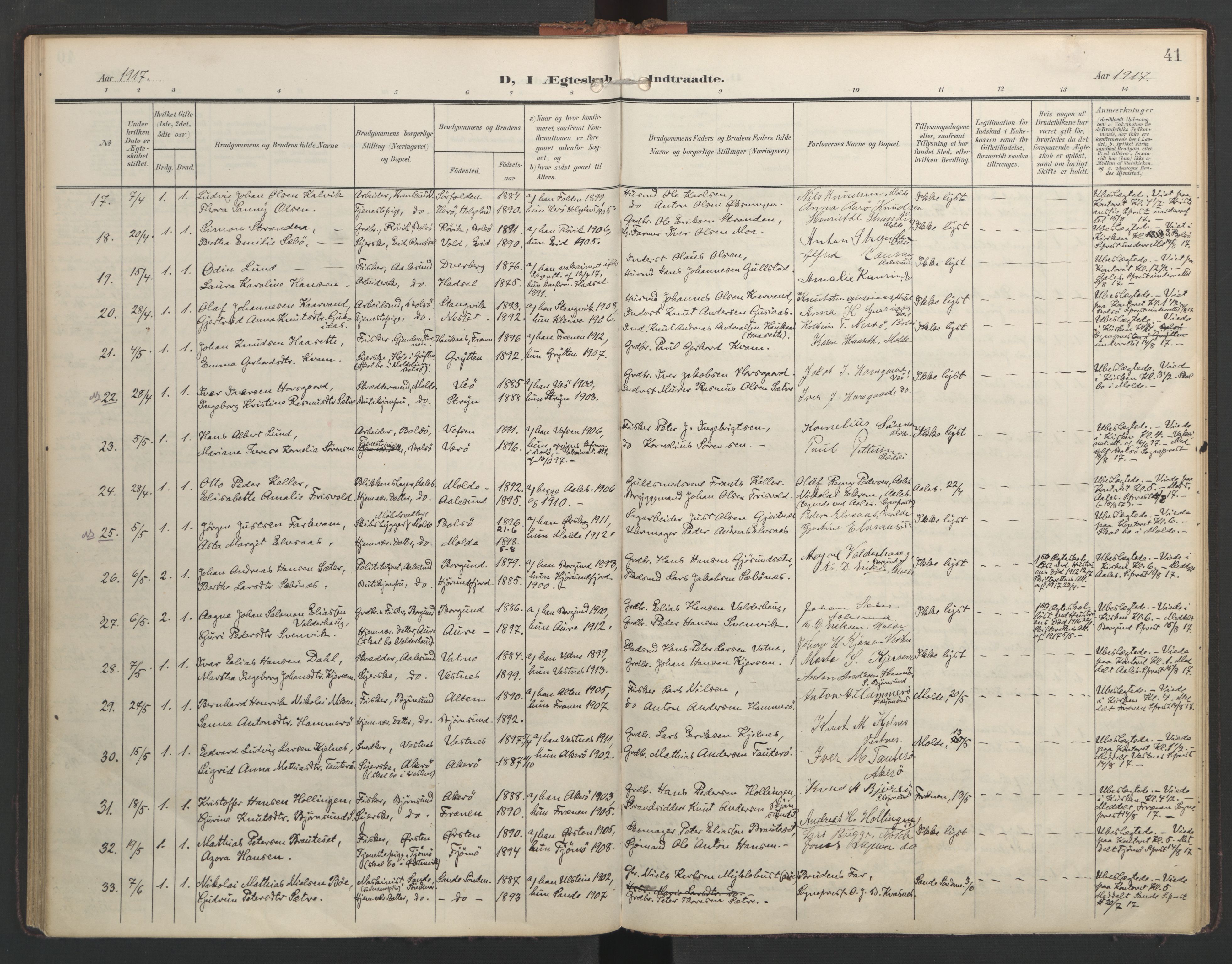 Ministerialprotokoller, klokkerbøker og fødselsregistre - Møre og Romsdal, AV/SAT-A-1454/558/L0694: Parish register (official) no. 558A08, 1907-1922, p. 41