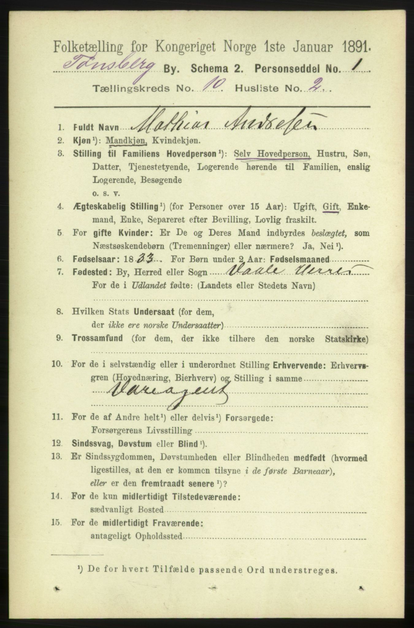 RA, 1891 census for 0705 Tønsberg, 1891, p. 3609