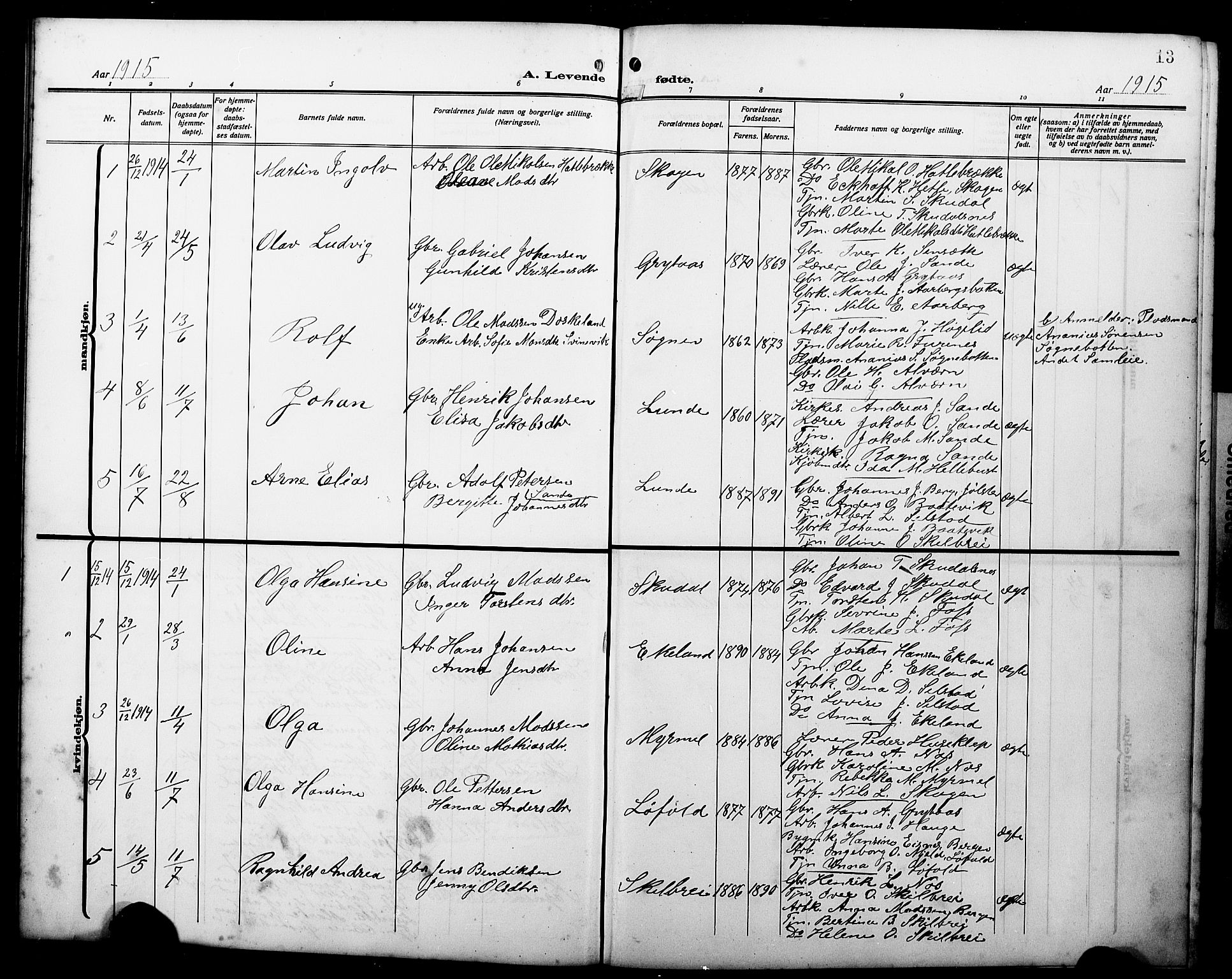 Gaular sokneprestembete, AV/SAB-A-80001/H/Hab: Parish register (copy) no. A 5, 1912-1930, p. 13