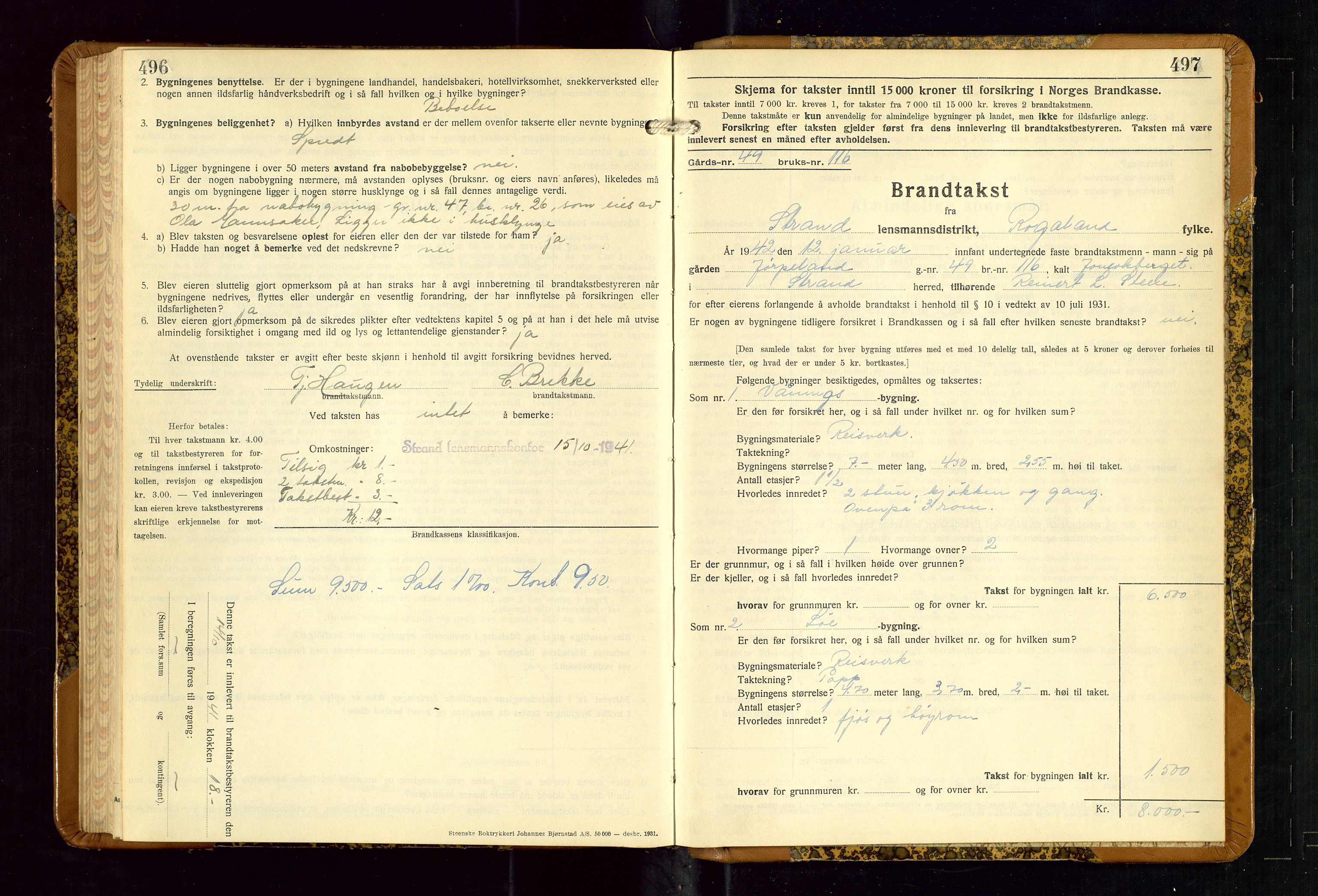 Strand og Forsand lensmannskontor, AV/SAST-A-100451/Gob/L0001: Branntakstprotokoll, 1935-1942, p. 496-497