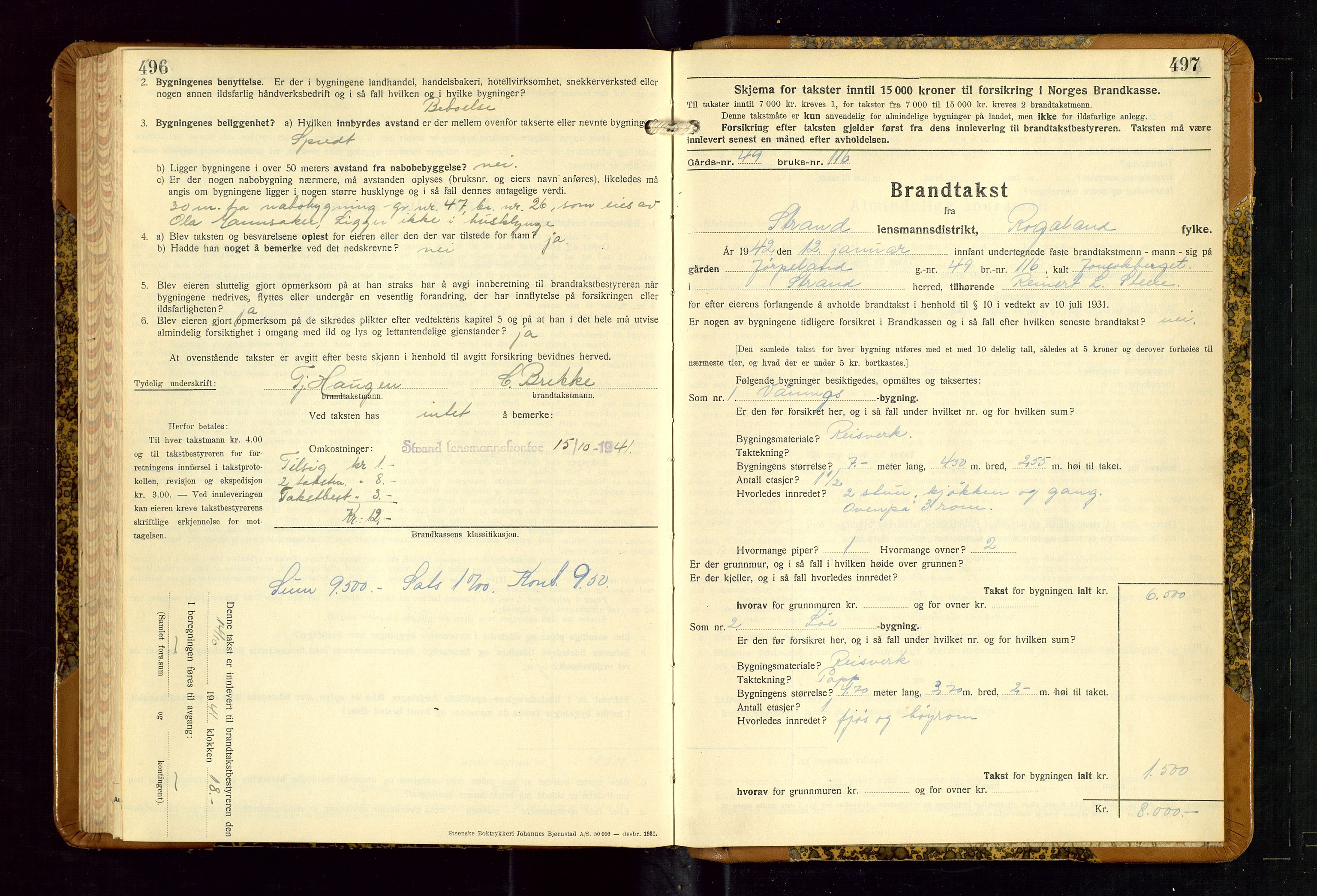 Strand og Forsand lensmannskontor, AV/SAST-A-100451/Gob/L0001: Branntakstprotokoll, 1935-1942, p. 496-497