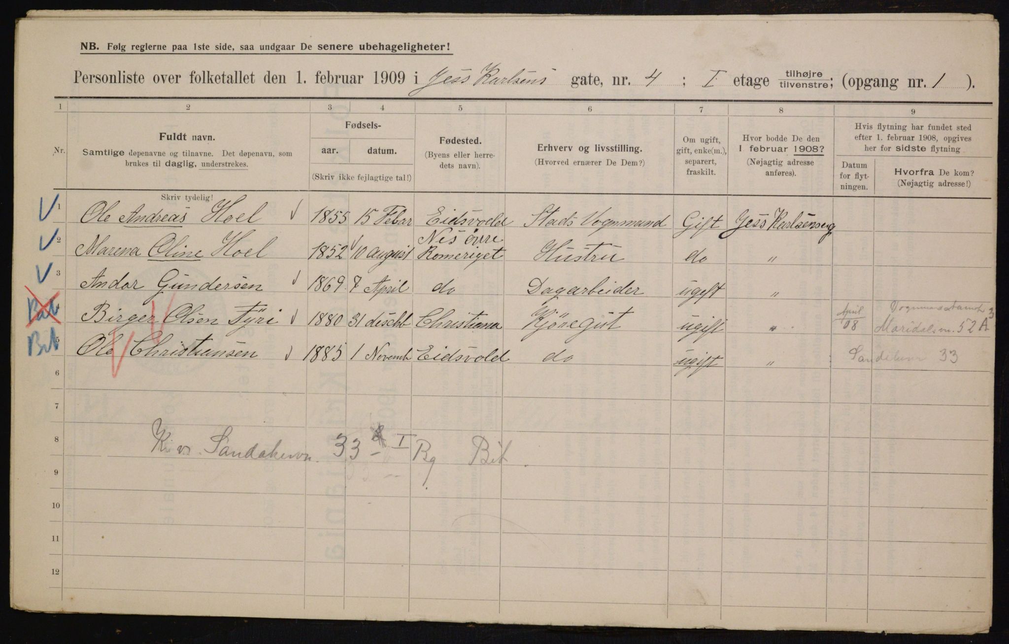 OBA, Municipal Census 1909 for Kristiania, 1909, p. 42913