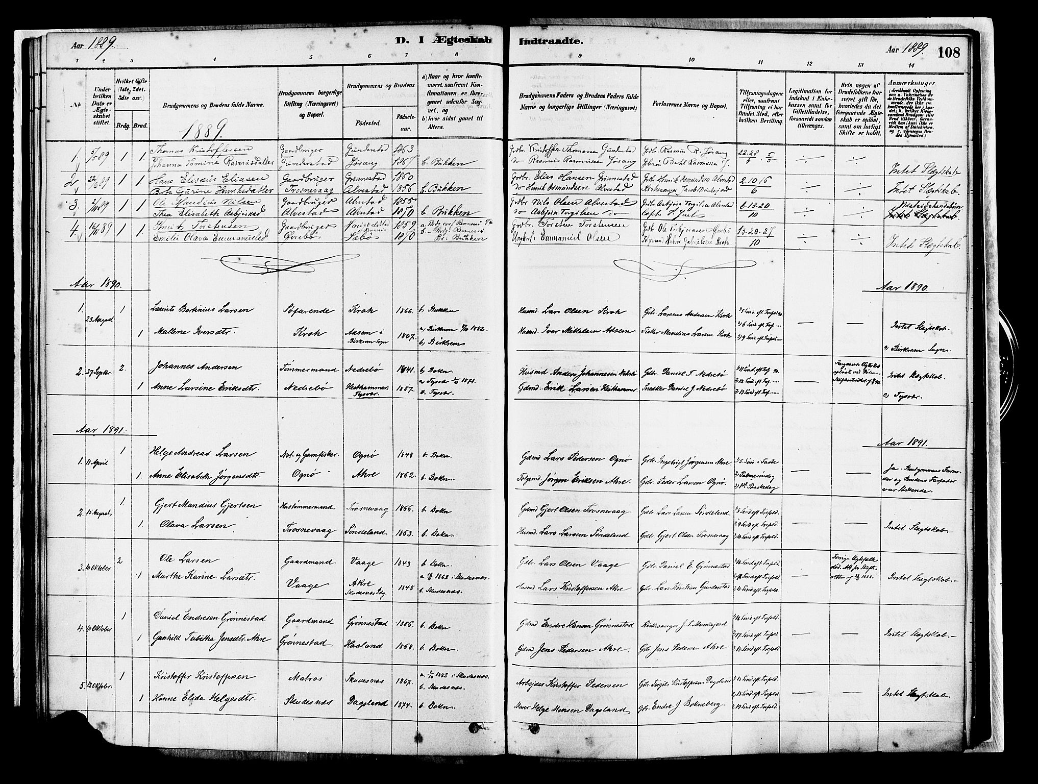 Tysvær sokneprestkontor, SAST/A -101864/H/Ha/Haa/L0007: Parish register (official) no. A 7, 1878-1897, p. 108