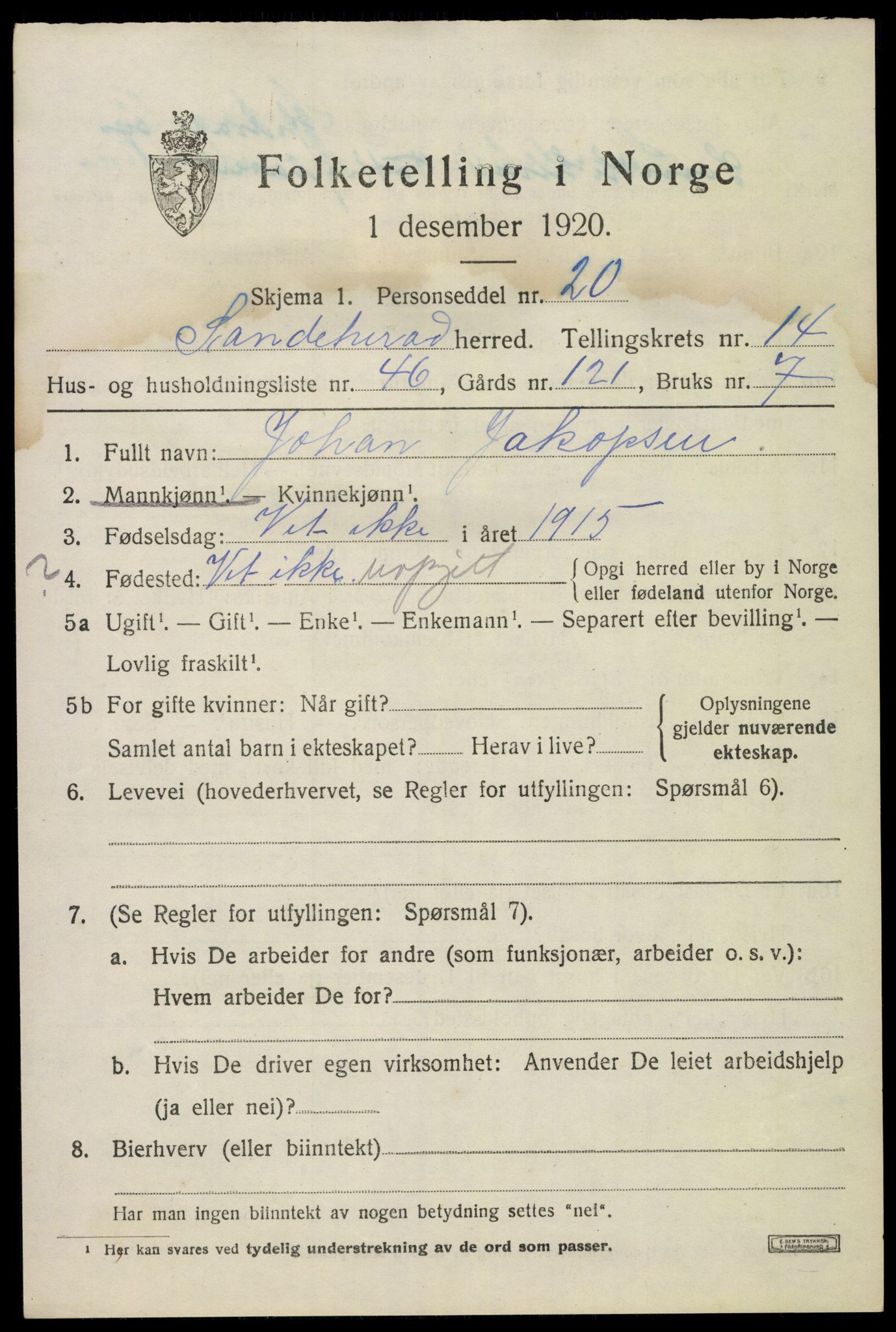 SAKO, 1920 census for Sandeherred, 1920, p. 20854