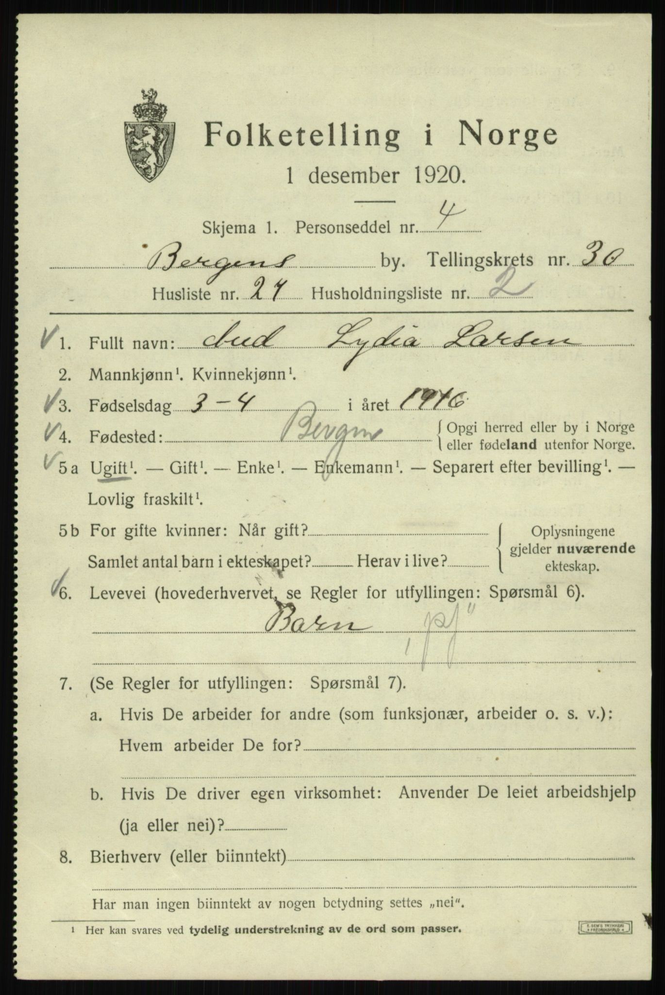 SAB, 1920 census for Bergen, 1920, p. 95826