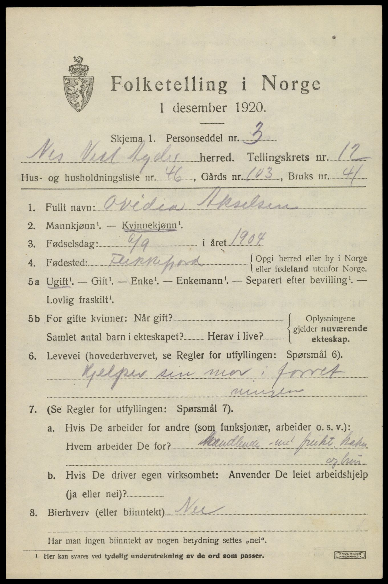 SAK, 1920 census for Nes (V-A), 1920, p. 4826