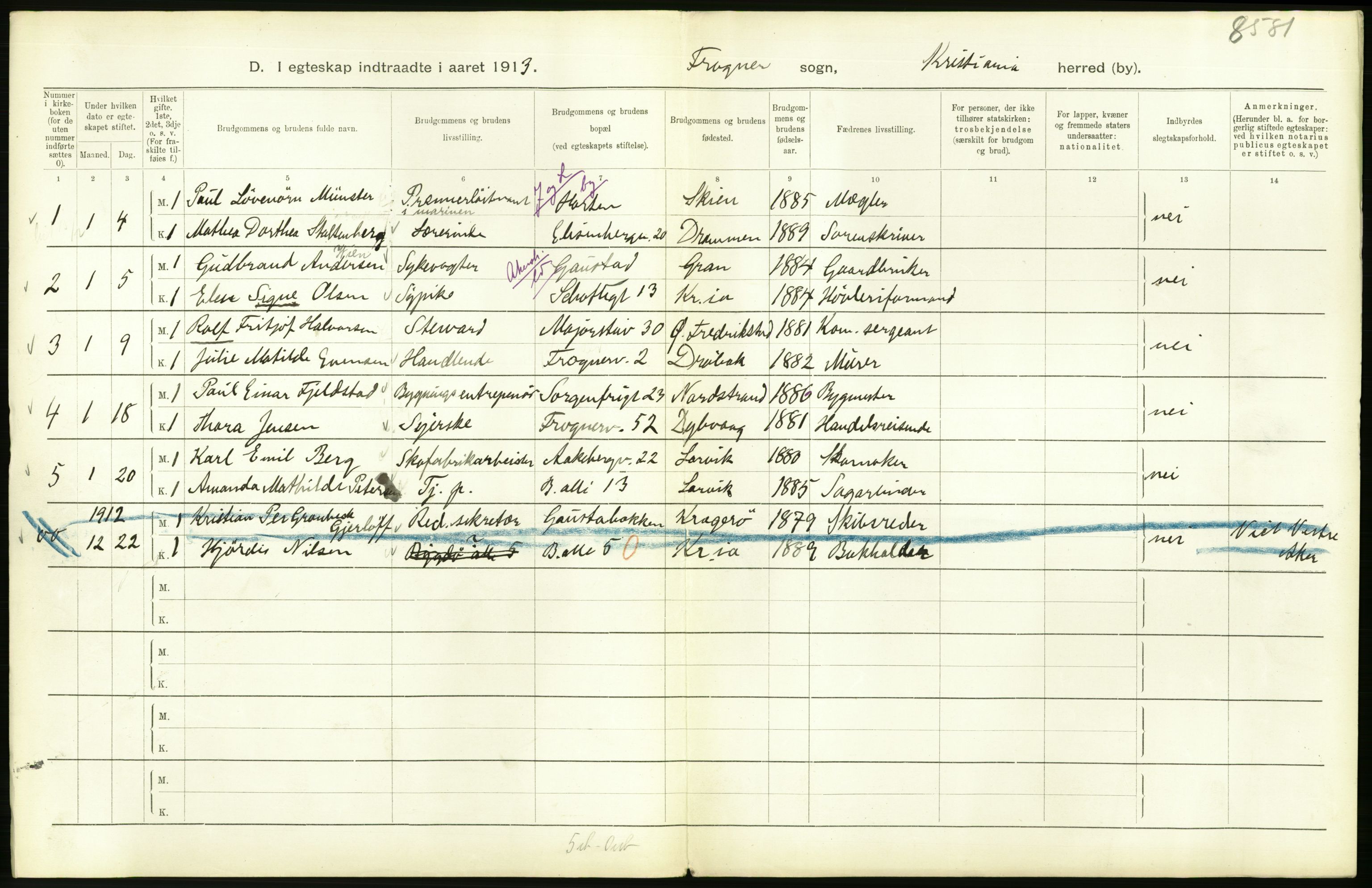 Statistisk sentralbyrå, Sosiodemografiske emner, Befolkning, RA/S-2228/D/Df/Dfb/Dfbc/L0008: Kristiania: Gifte., 1913, p. 576