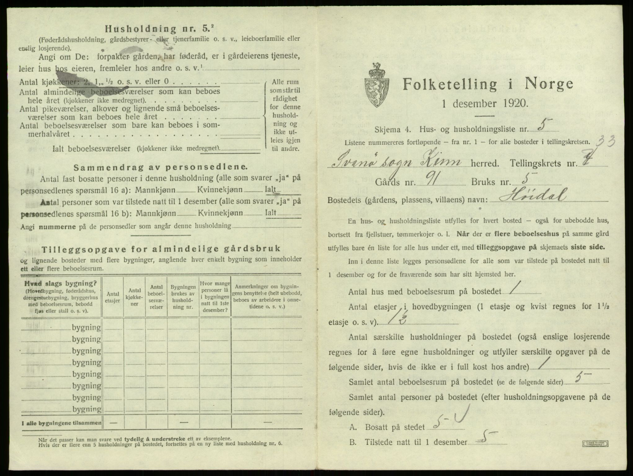 SAB, 1920 census for Kinn, 1920, p. 1600