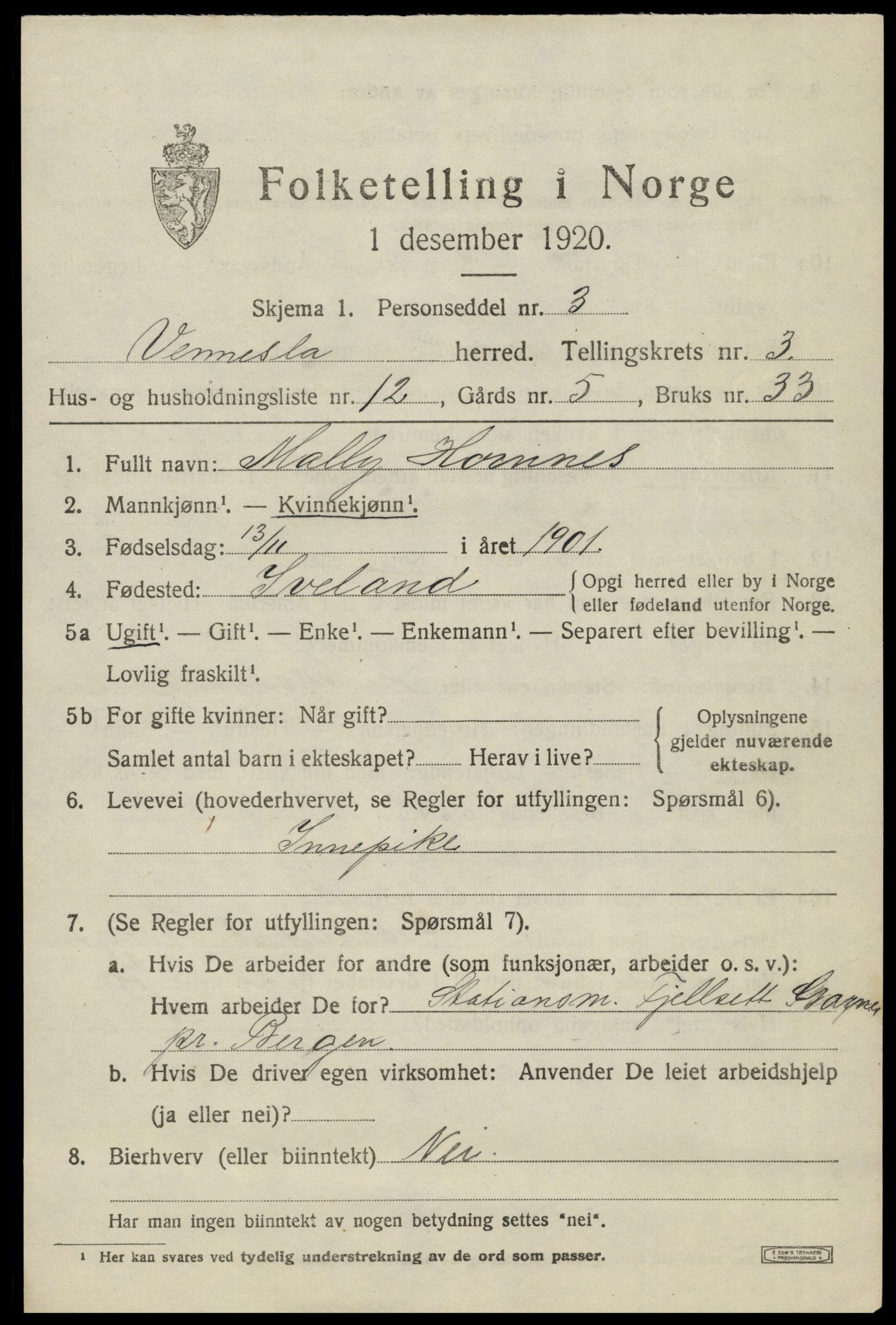 SAK, 1920 census for Vennesla, 1920, p. 2352