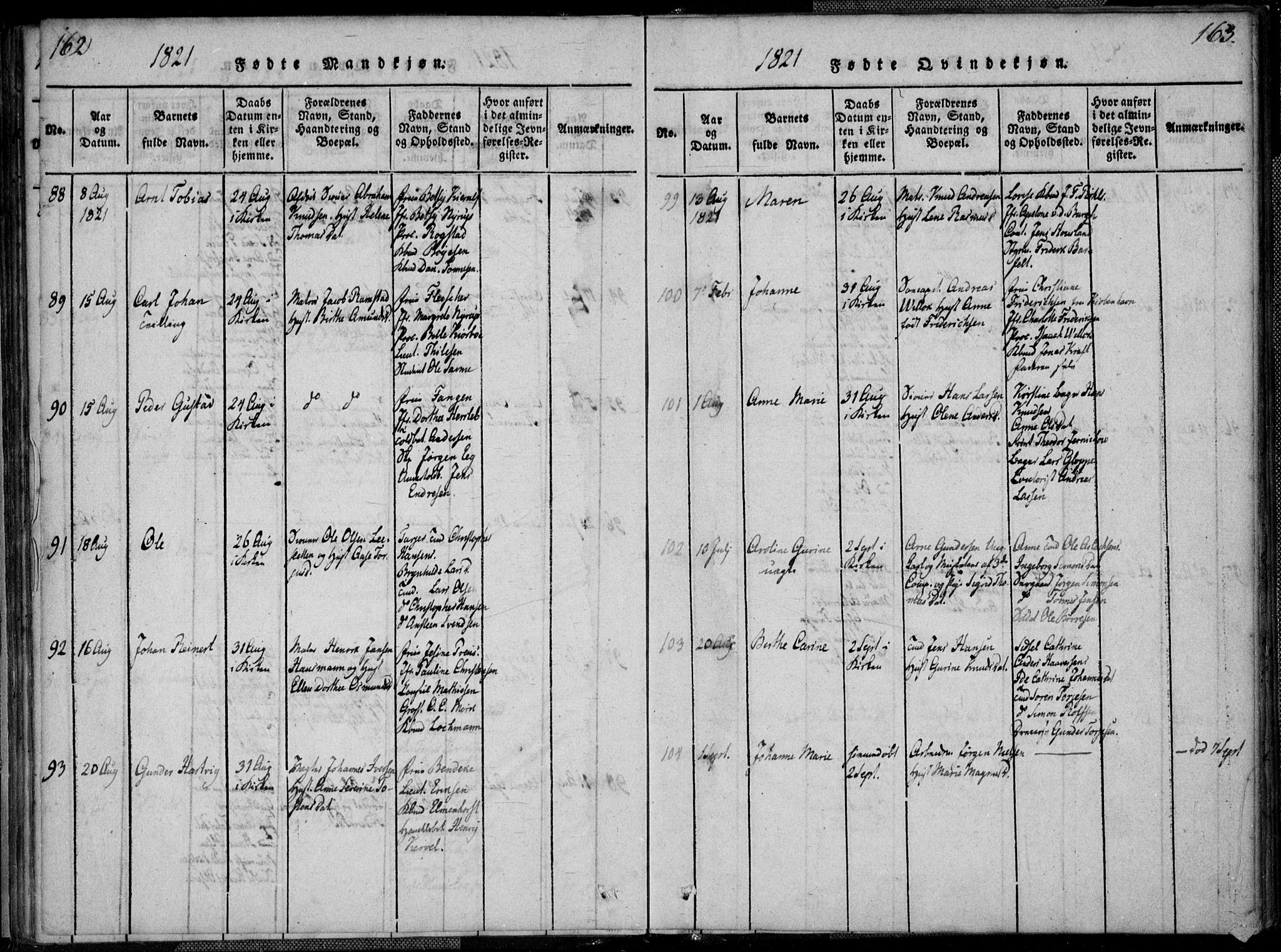 Kristiansand domprosti, AV/SAK-1112-0006/F/Fa/L0008: Parish register (official) no. A 8, 1818-1821, p. 162-163
