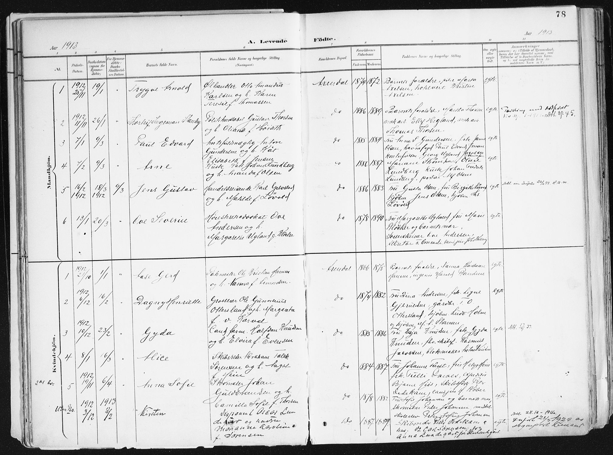 Arendal sokneprestkontor, Trefoldighet, SAK/1111-0040/F/Fa/L0010: Parish register (official) no. A 10, 1900-1919, p. 78