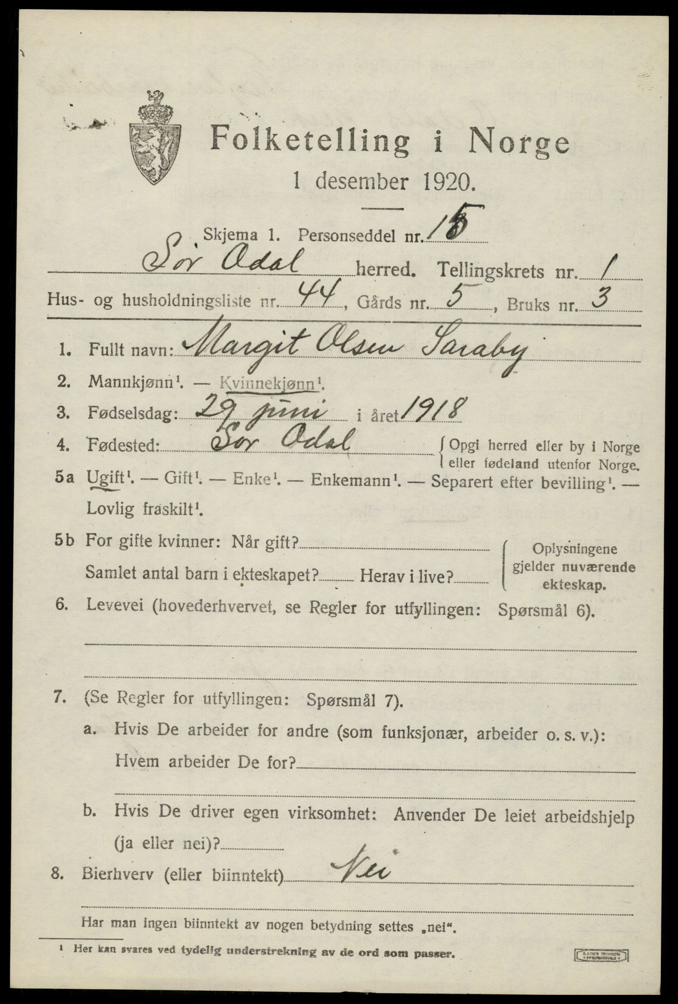 SAH, 1920 census for Sør-Odal, 1920, p. 2987