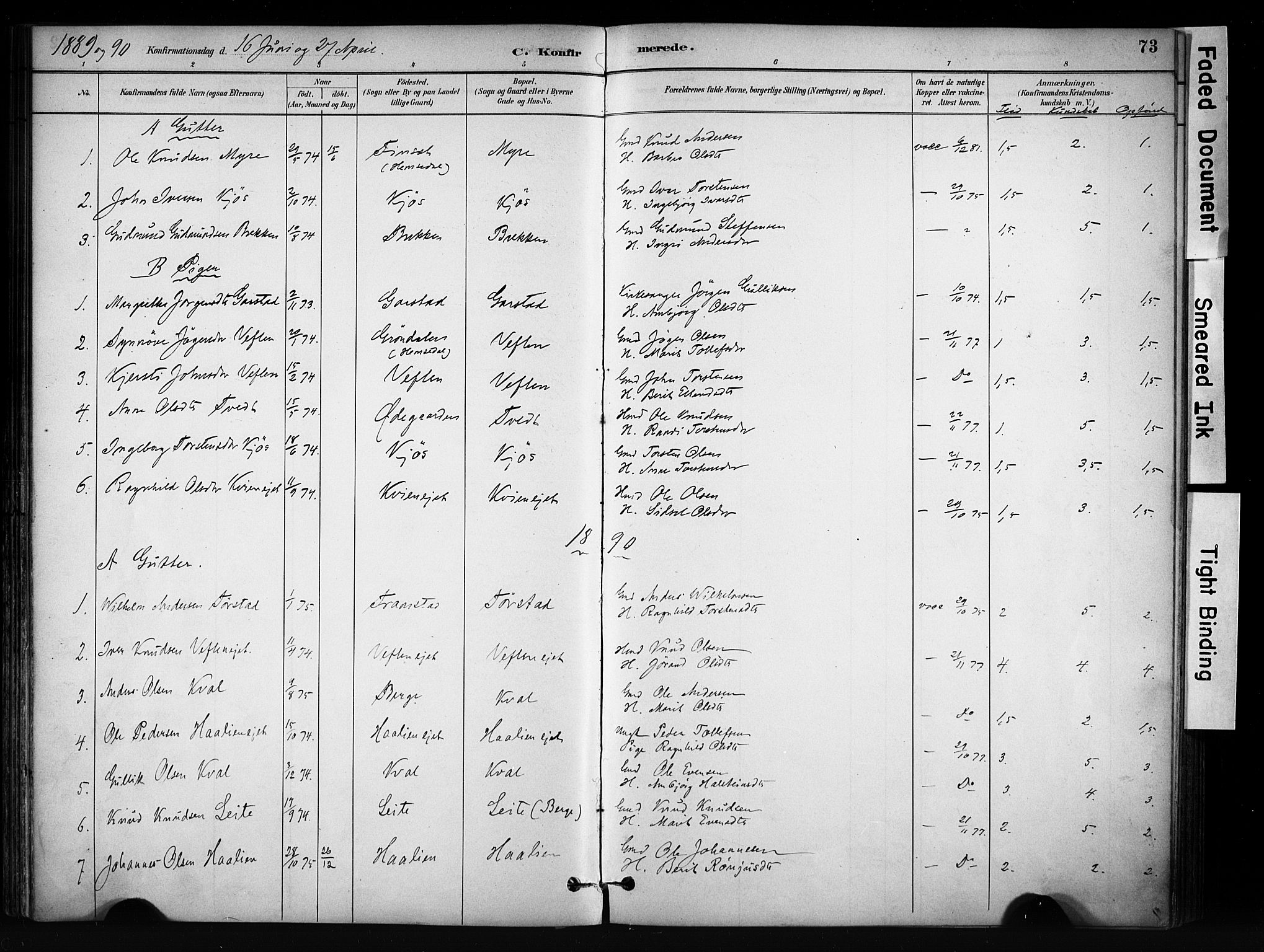 Vang prestekontor, Valdres, SAH/PREST-140/H/Ha/L0009: Parish register (official) no. 9, 1882-1914, p. 73