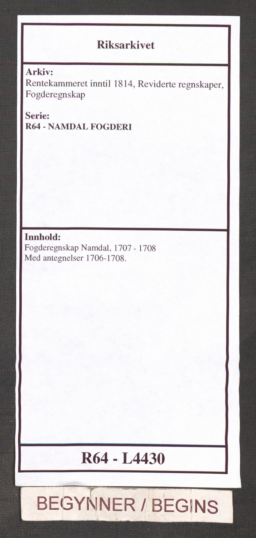 Rentekammeret inntil 1814, Reviderte regnskaper, Fogderegnskap, AV/RA-EA-4092/R64/L4430: Fogderegnskap Namdal, 1707-1708, p. 1