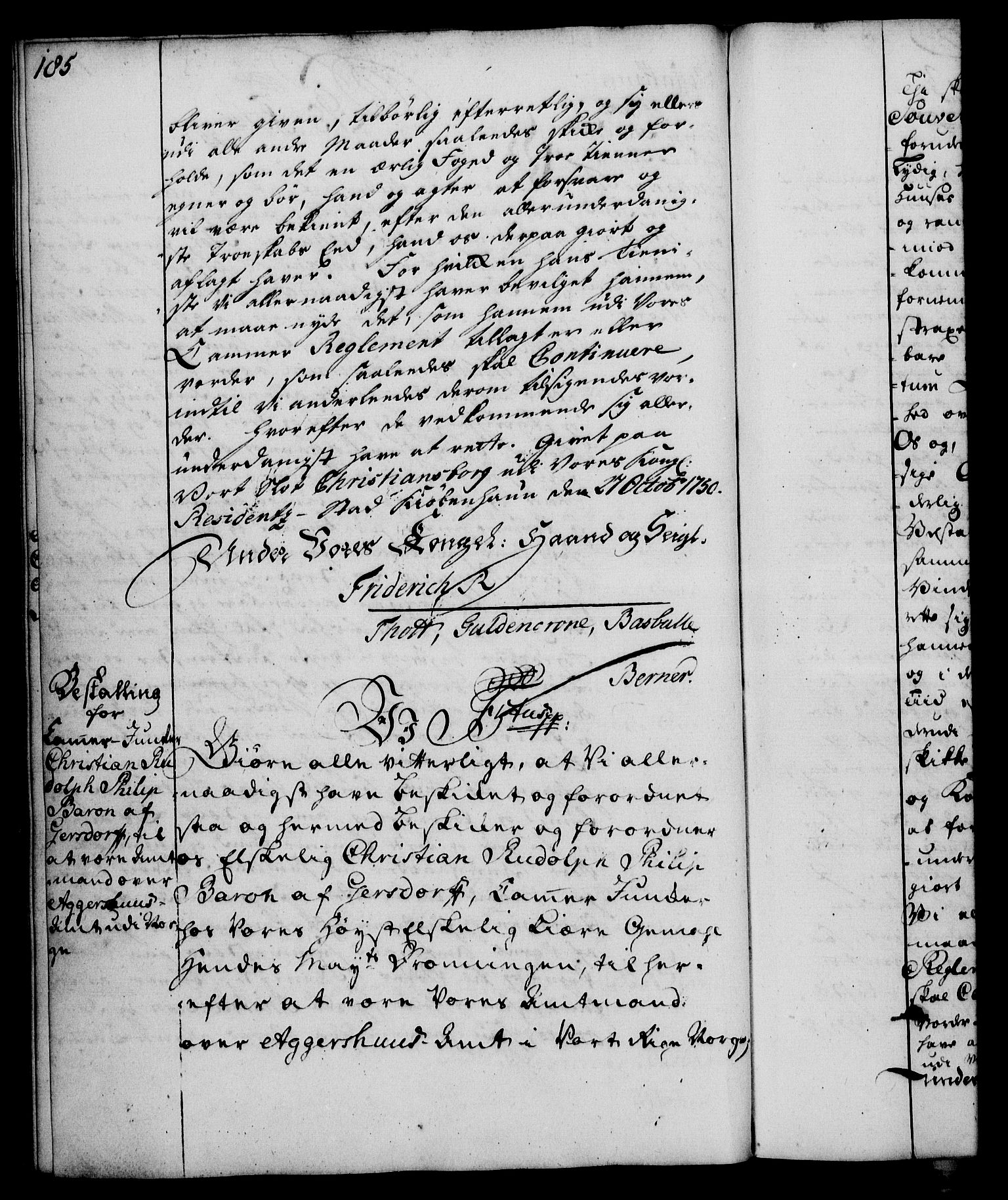 Rentekammeret, Kammerkanselliet, RA/EA-3111/G/Gg/Gge/L0003: Norsk bestallingsprotokoll med register (merket RK 53.27), 1745-1761, p. 185