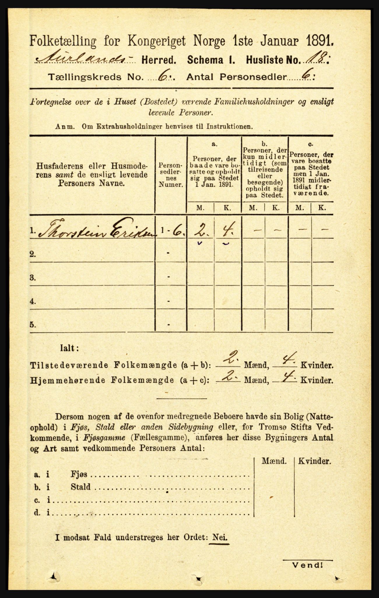 RA, 1891 census for 1421 Aurland, 1891, p. 2218