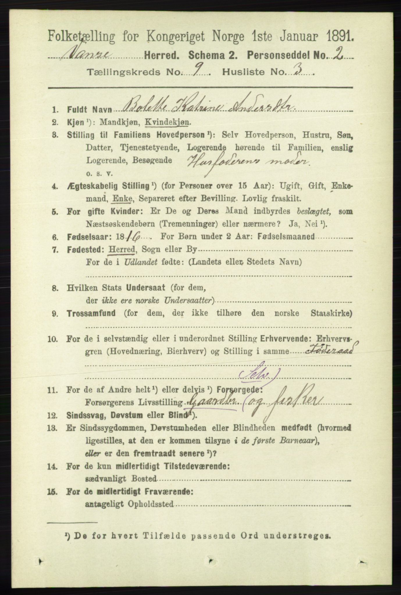 RA, 1891 census for 1041 Vanse, 1891, p. 5279