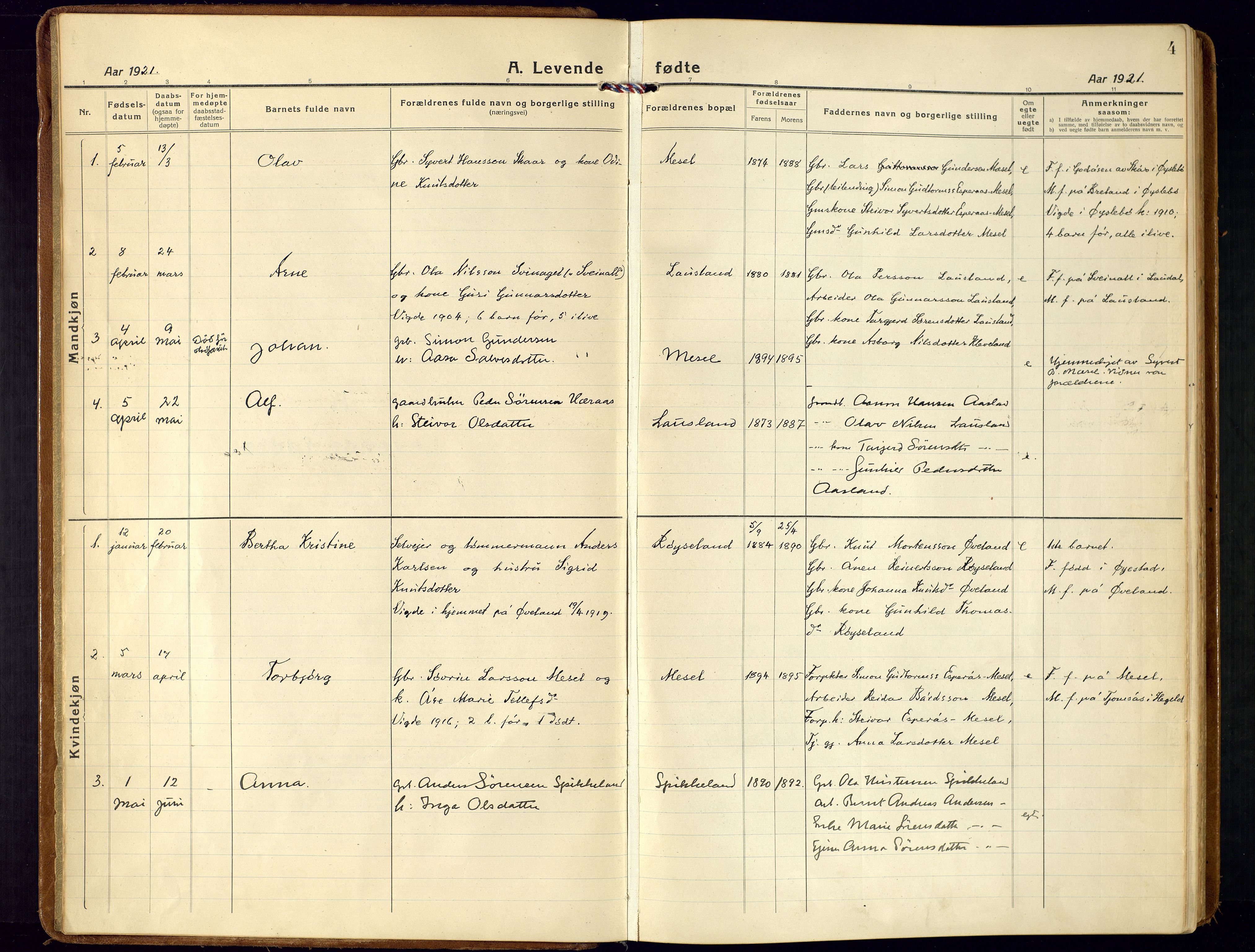 Bjelland sokneprestkontor, SAK/1111-0005/F/Fa/Fab/L0005: Parish register (official) no. A 5, 1921-1951, p. 4