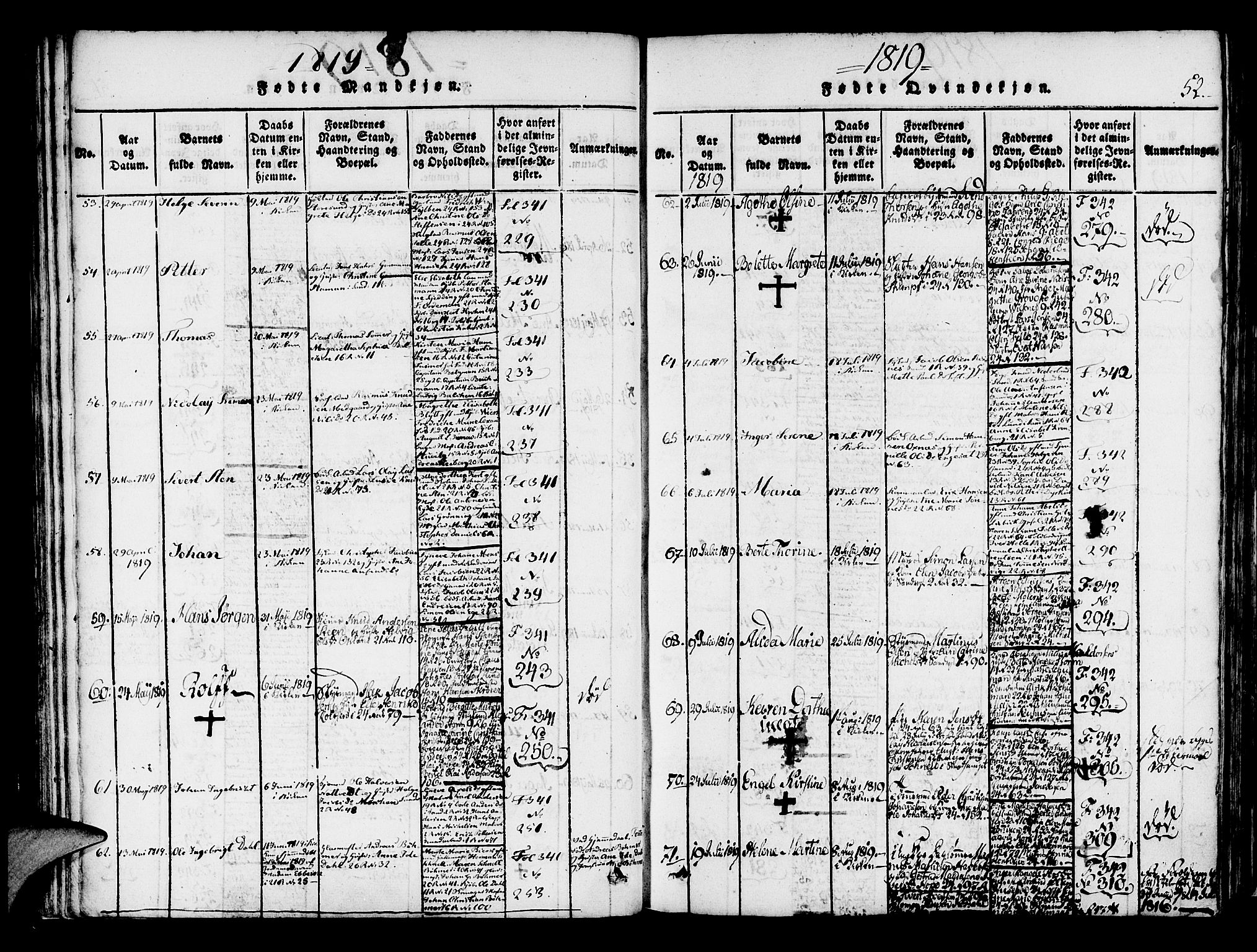 Korskirken sokneprestembete, AV/SAB-A-76101/H/Haa/L0013: Parish register (official) no. A 13, 1815-1822, p. 52