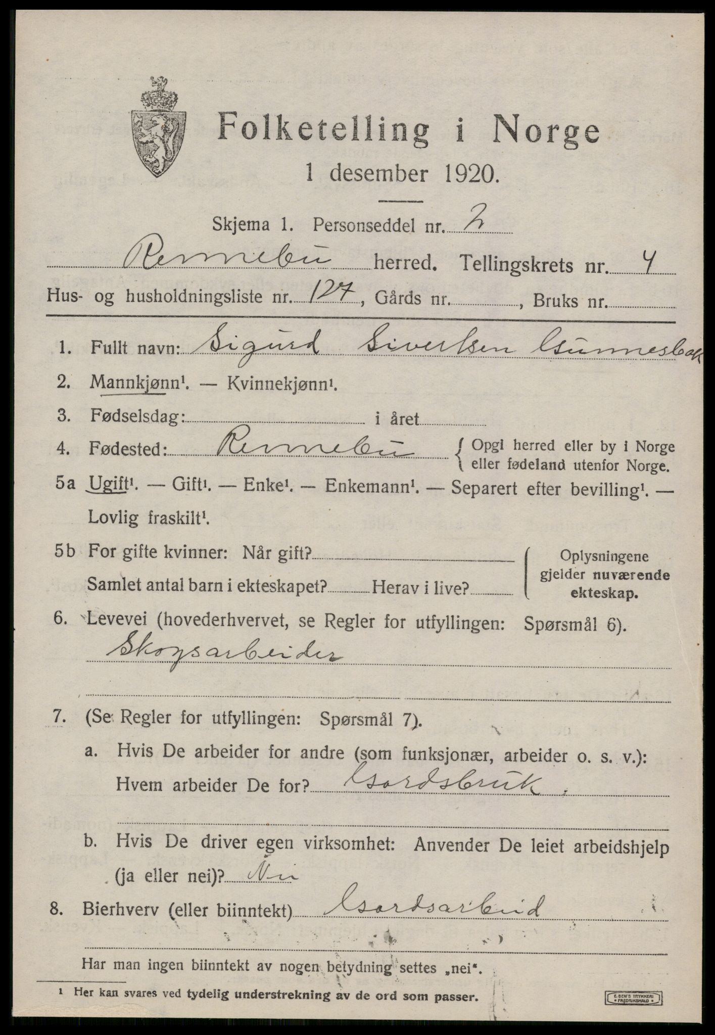 SAT, 1920 census for Rennebu, 1920, p. 3984