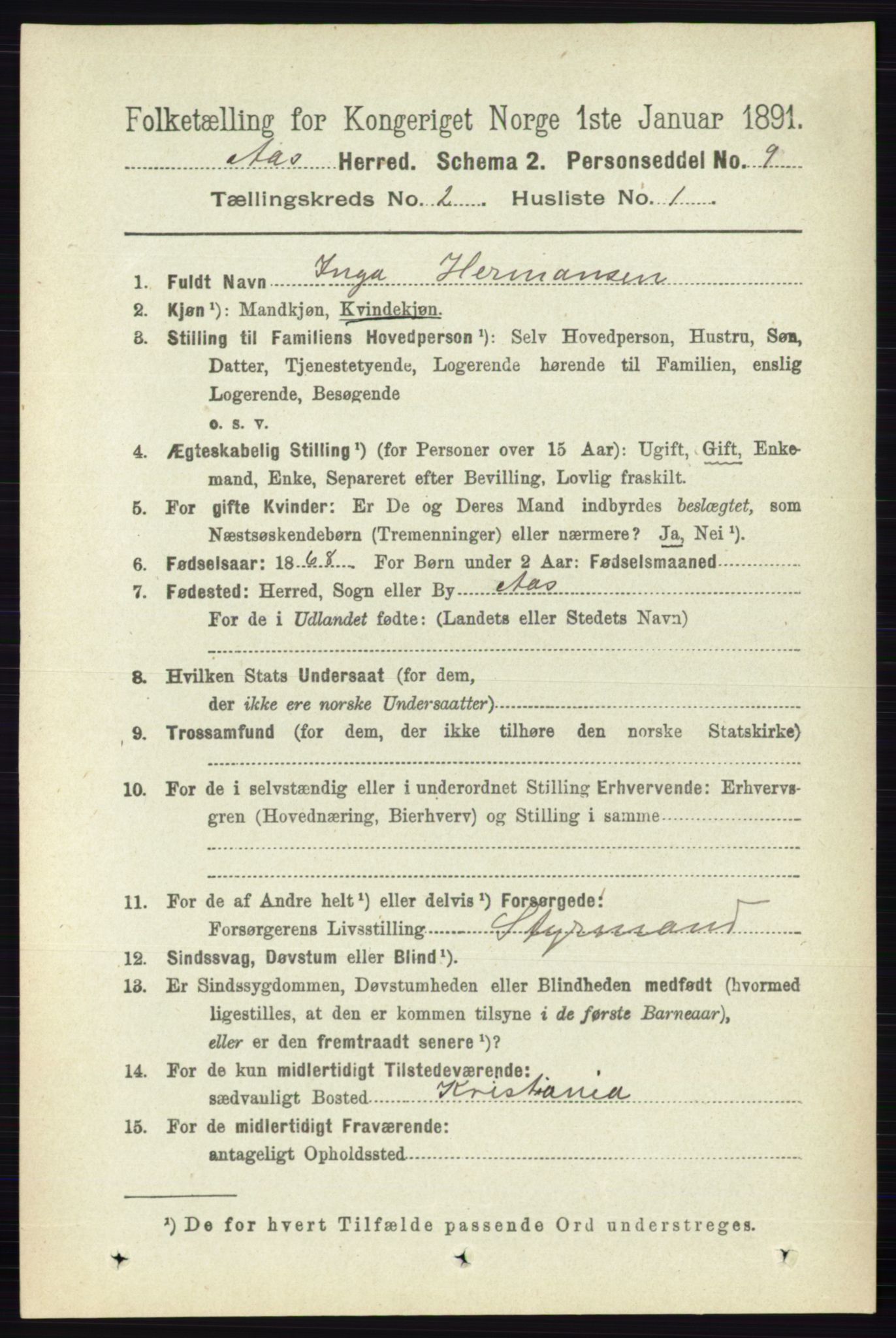 RA, 1891 census for 0214 Ås, 1891, p. 1583