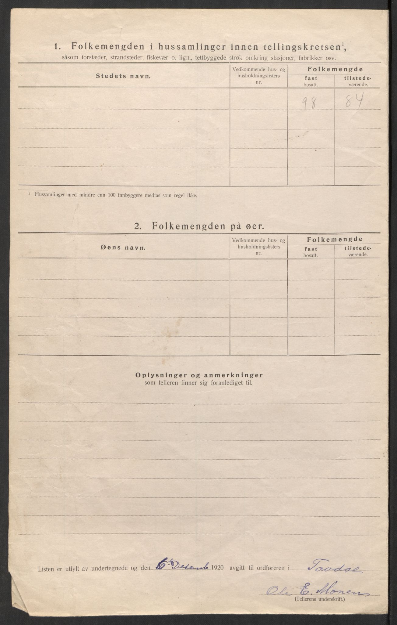 SAK, 1920 census for Tovdal, 1920, p. 8