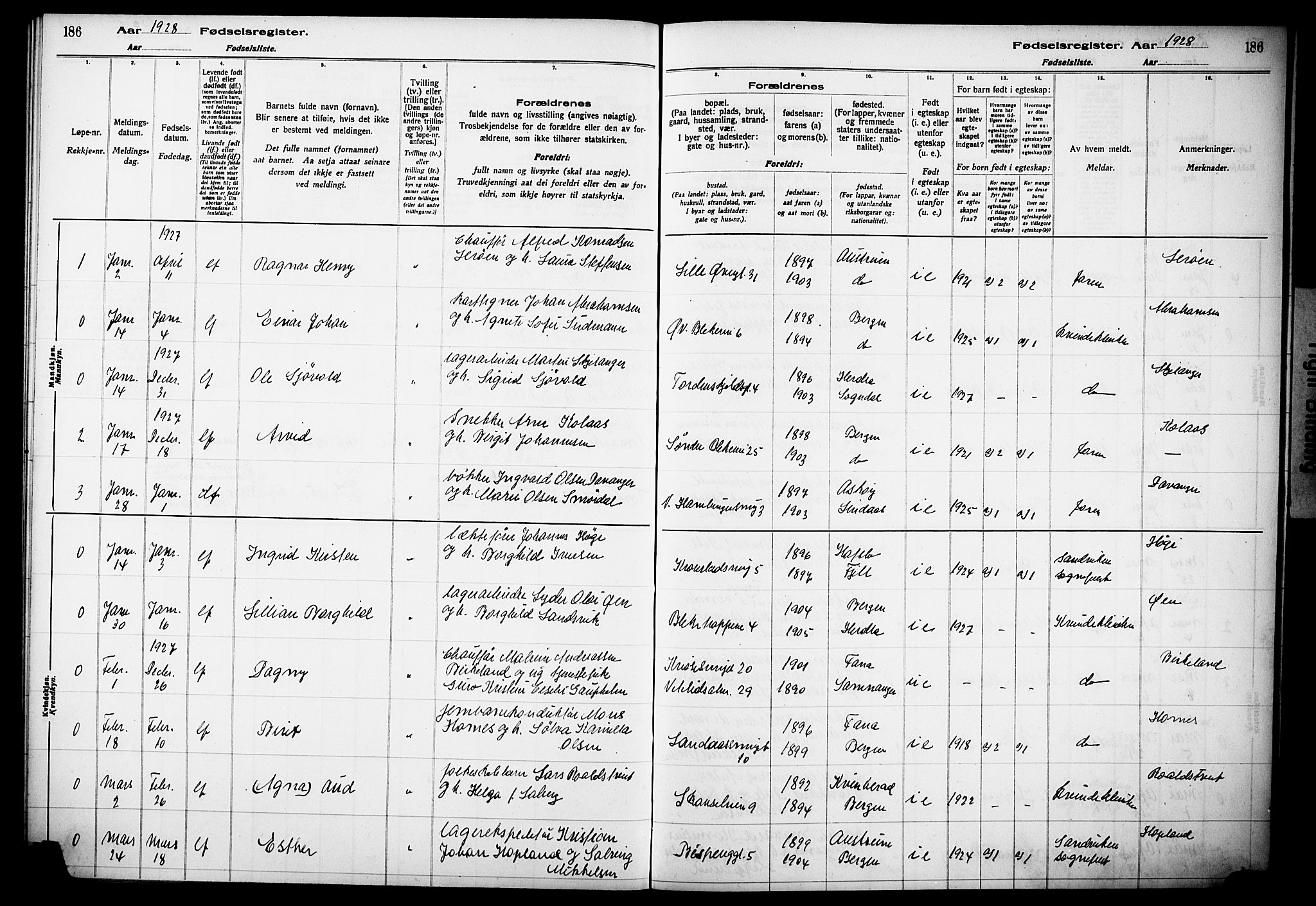 Korskirken sokneprestembete, SAB/A-76101/I/Id/L00A1: Birth register no. A 1, 1916-1929, p. 186