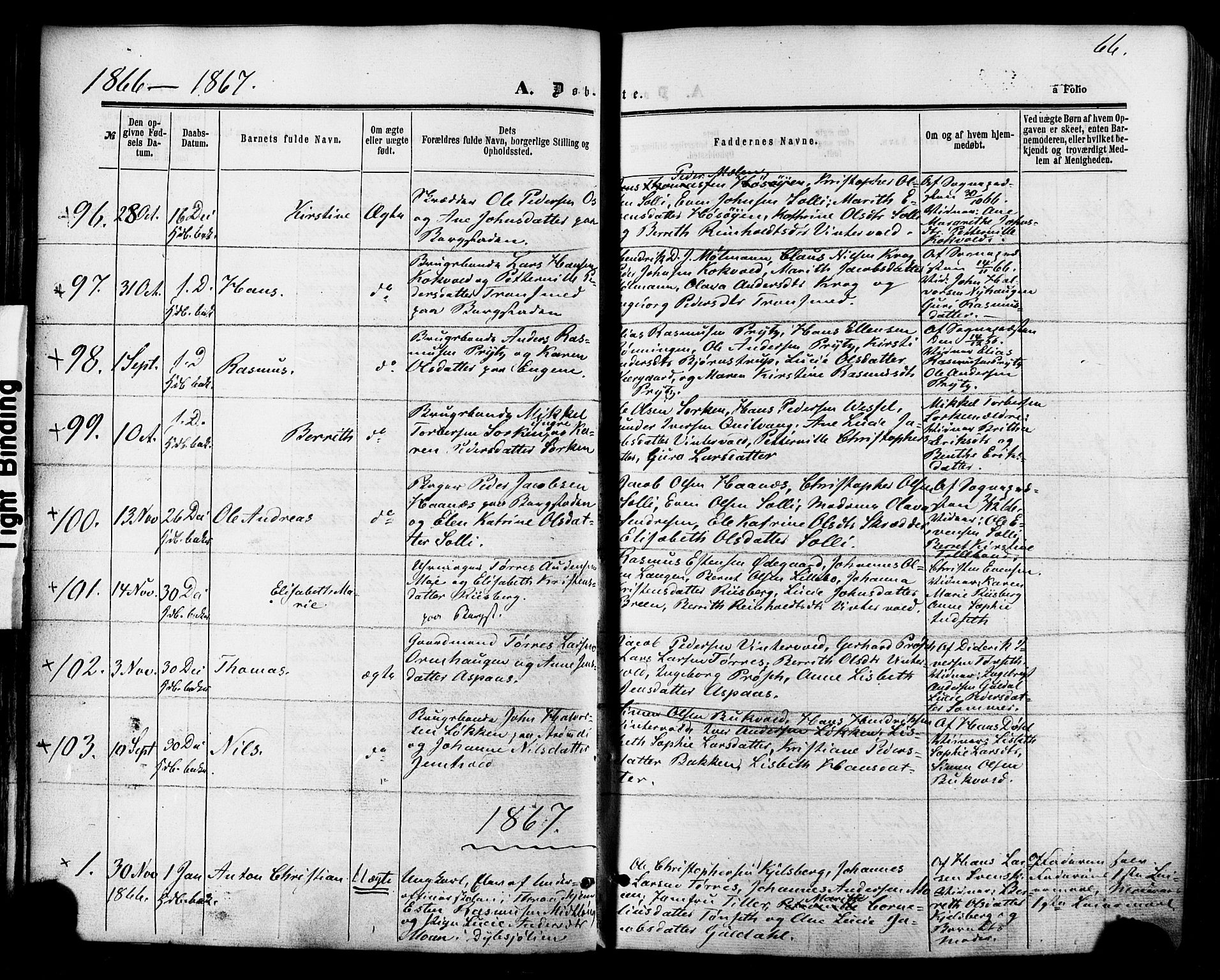 Ministerialprotokoller, klokkerbøker og fødselsregistre - Sør-Trøndelag, SAT/A-1456/681/L0932: Parish register (official) no. 681A10, 1860-1878, p. 66