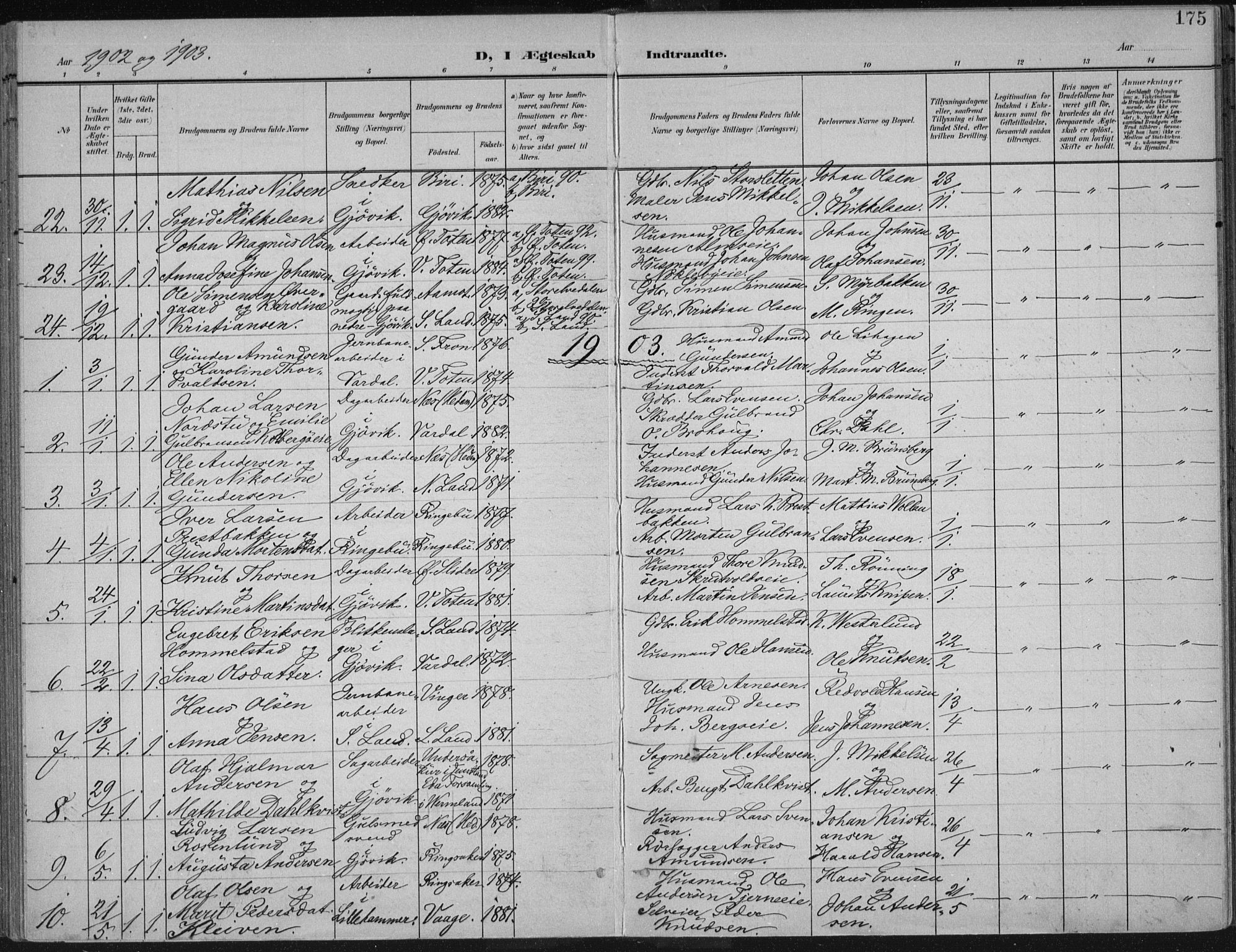 Vardal prestekontor, SAH/PREST-100/H/Ha/Haa/L0013: Parish register (official) no. 13, 1901-1911, p. 175