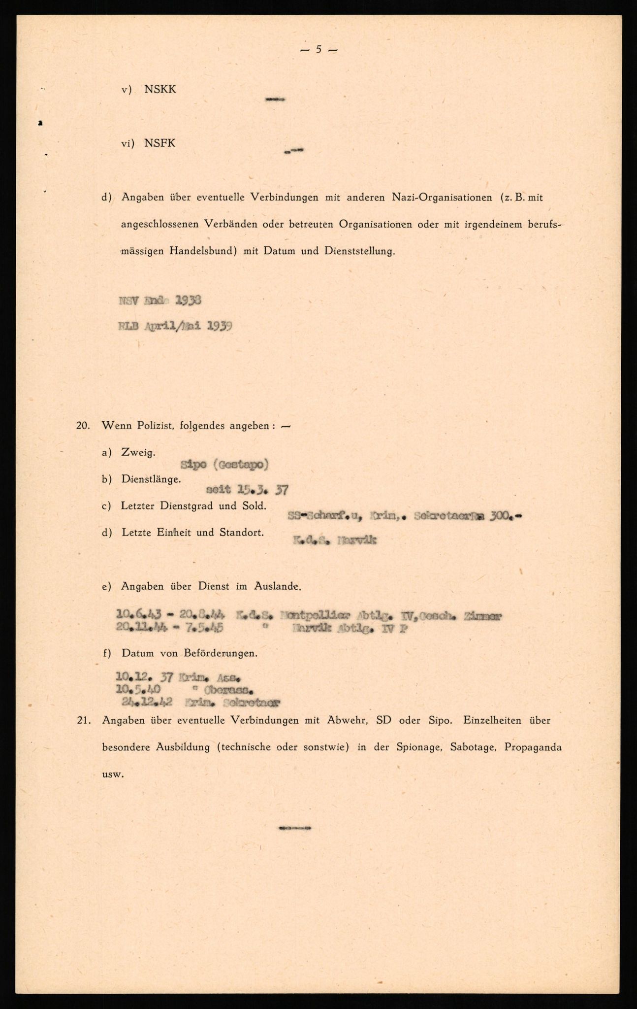 Forsvaret, Forsvarets overkommando II, AV/RA-RAFA-3915/D/Db/L0016: CI Questionaires. Tyske okkupasjonsstyrker i Norge. Tyskere., 1945-1946, p. 36