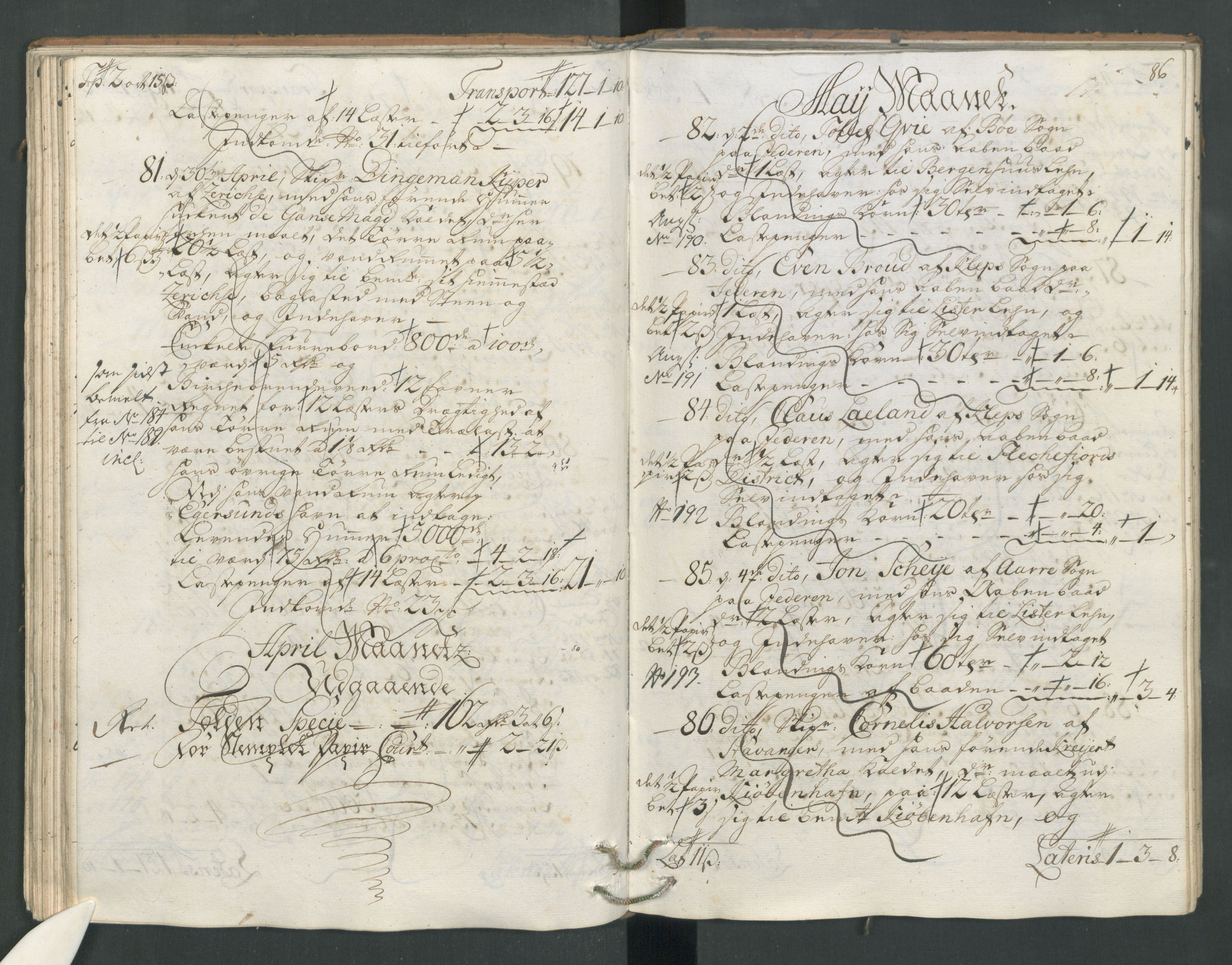 Generaltollkammeret, tollregnskaper, AV/RA-EA-5490/R22/L0012/0001: Tollregnskaper Stavanger / Hovedtollbok, 1733, p. 85b-86a